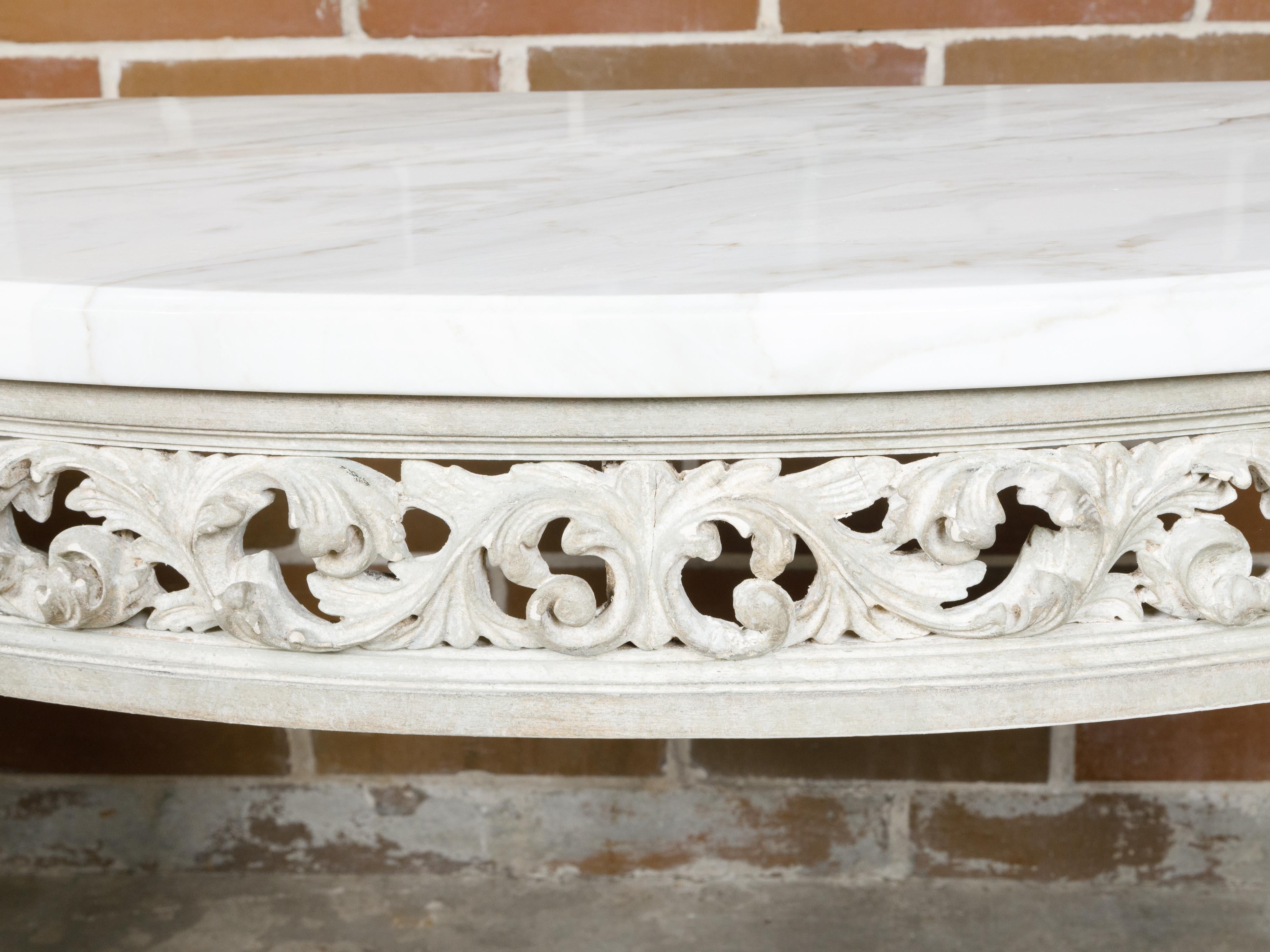Pair of French Louis XVI Style Painted Demilune Console Tables with Marble Tops For Sale 2