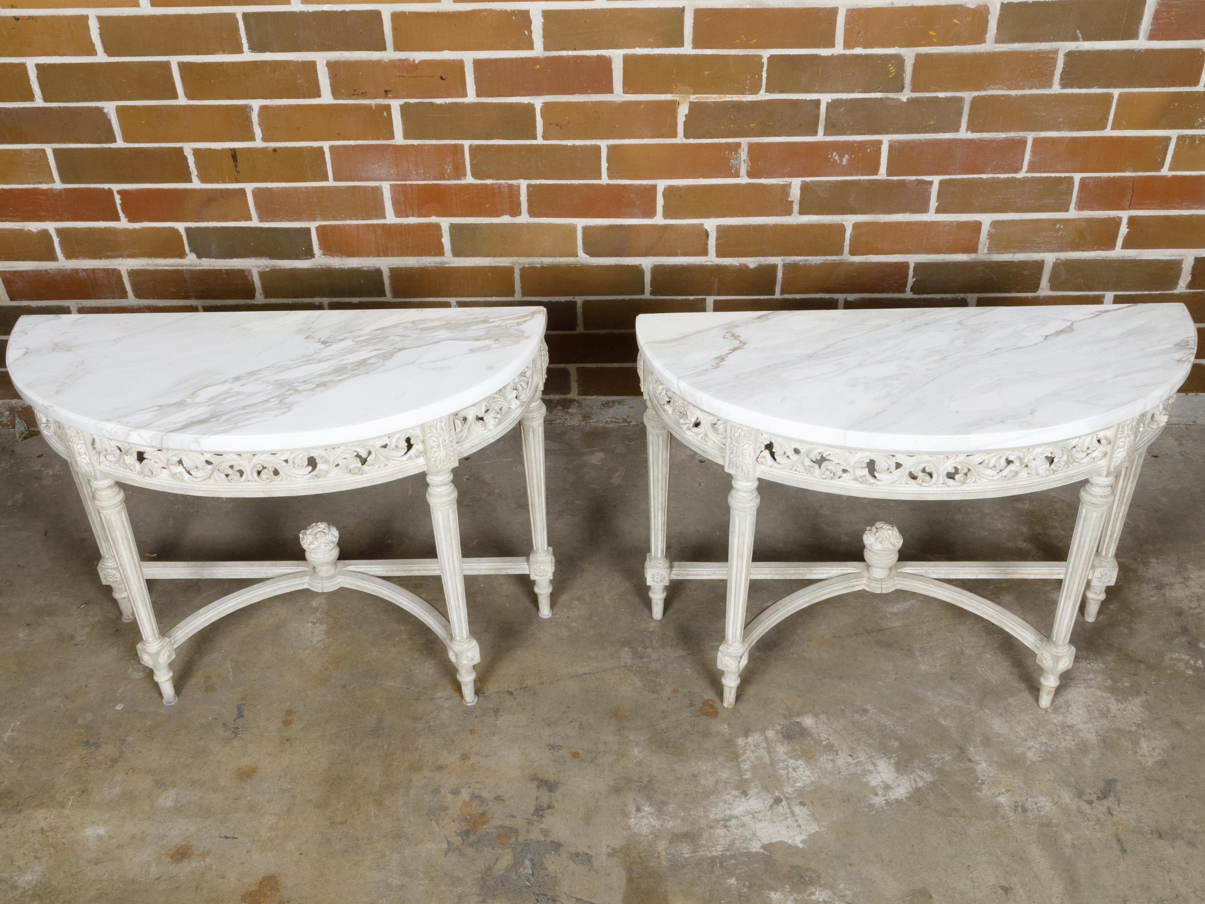 Pair of French Louis XVI Style Painted Demilune Console Tables with Marble Tops For Sale 3