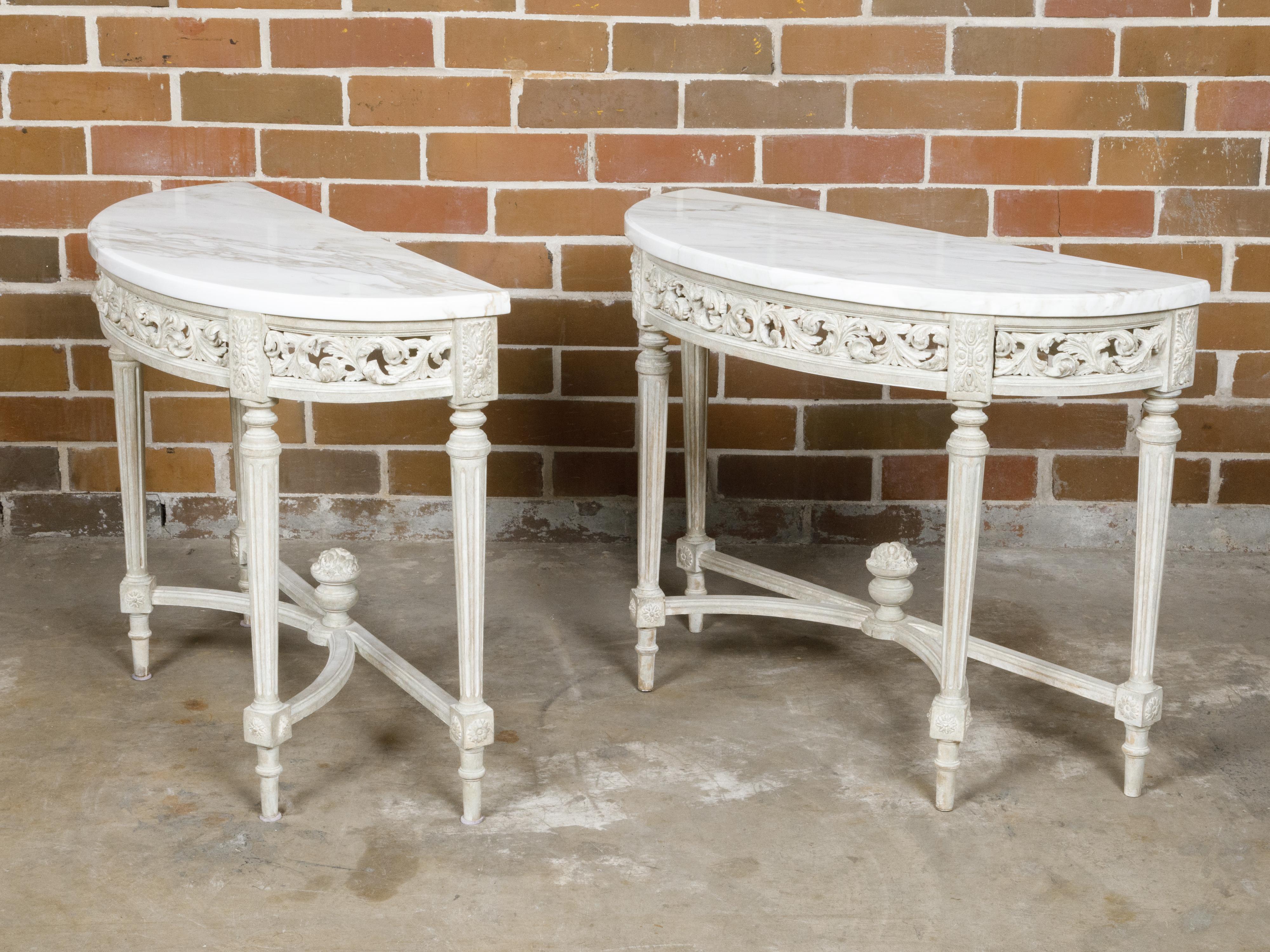 Pair of French Louis XVI Style Painted Demilune Console Tables with Marble Tops For Sale 4