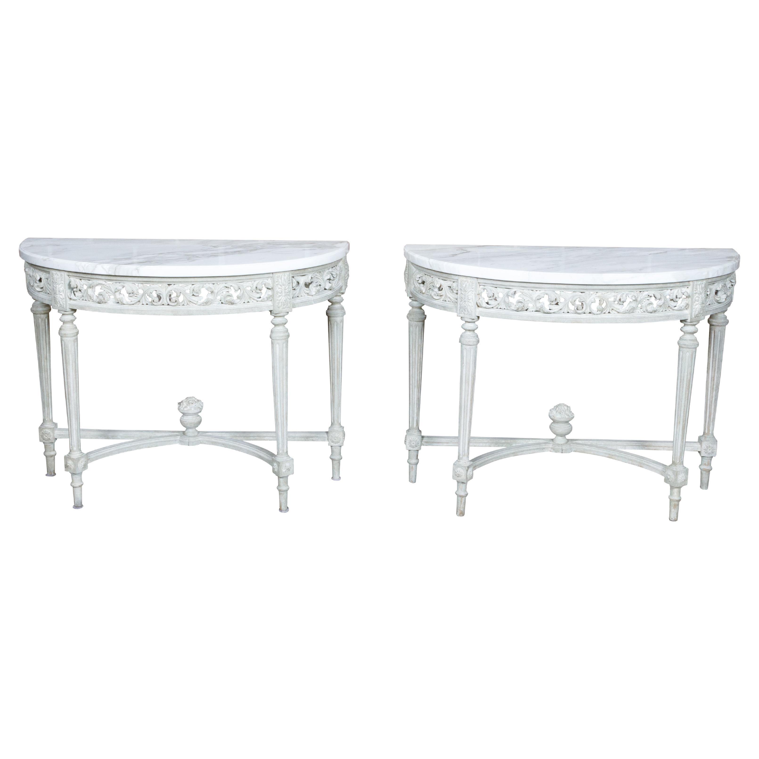 Pair of French Louis XVI Style Painted Demilune Console Tables with Marble Tops For Sale