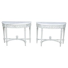 Antique Pair of French Louis XVI Style Painted Demilune Console Tables with Marble Tops