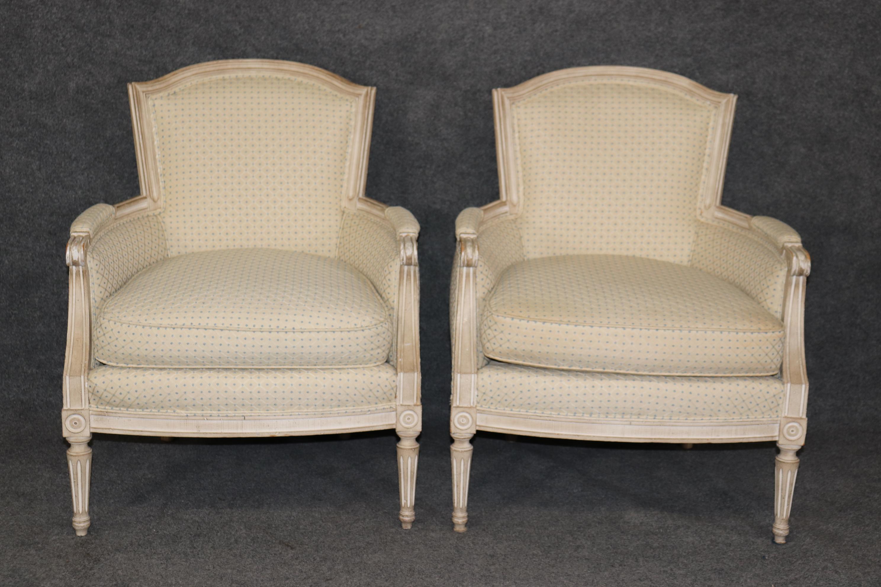 Mid-20th Century Pair of French Louis XVI Style Painted Directoire Bergere Chairs 