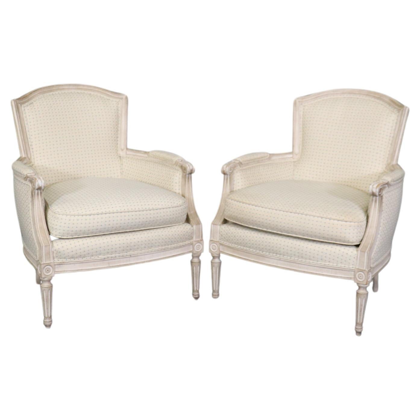 Pair of French Louis XVI Style Painted Directoire Bergere Chairs 