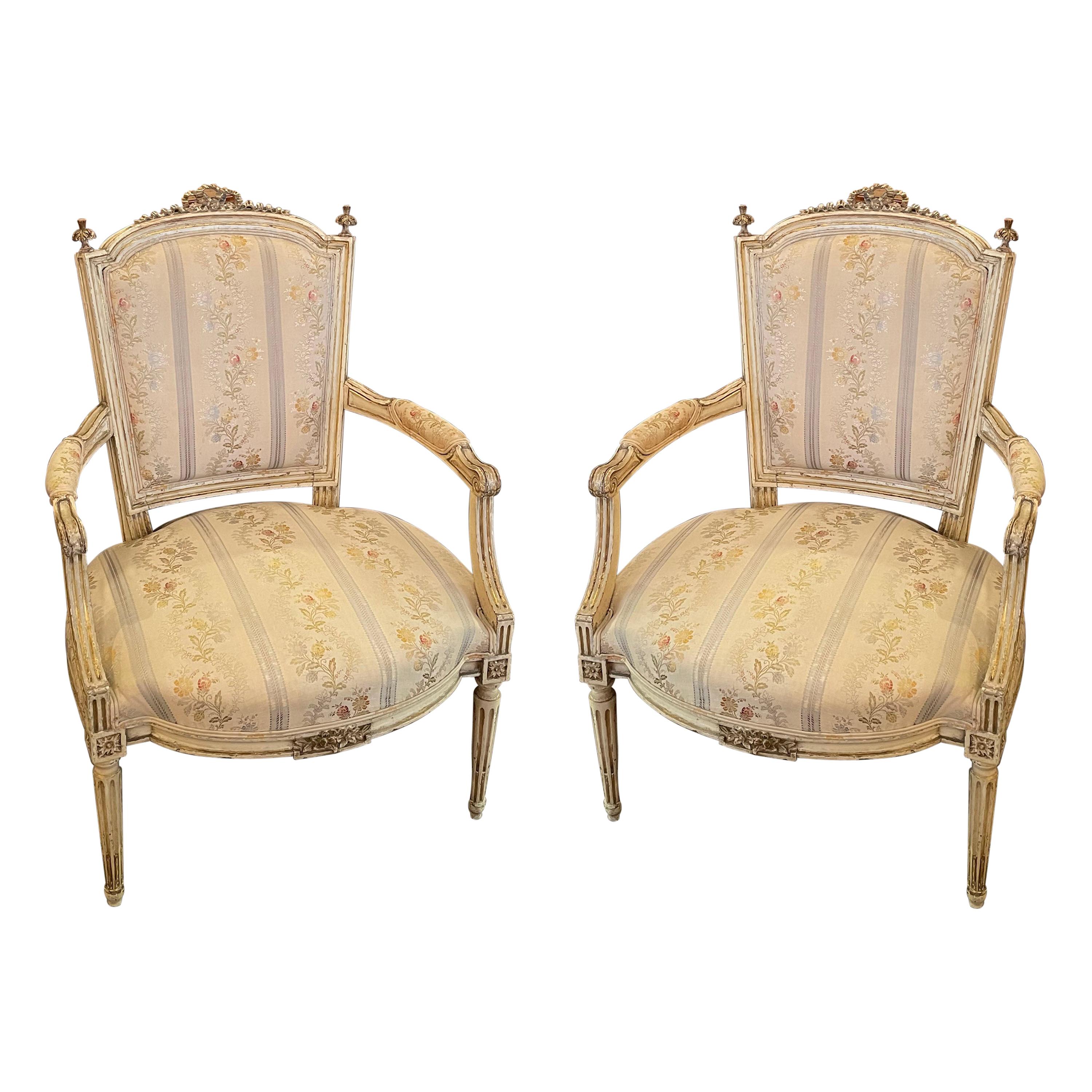 Pair of French Louis XVI Style Painted Fauteuils For Sale