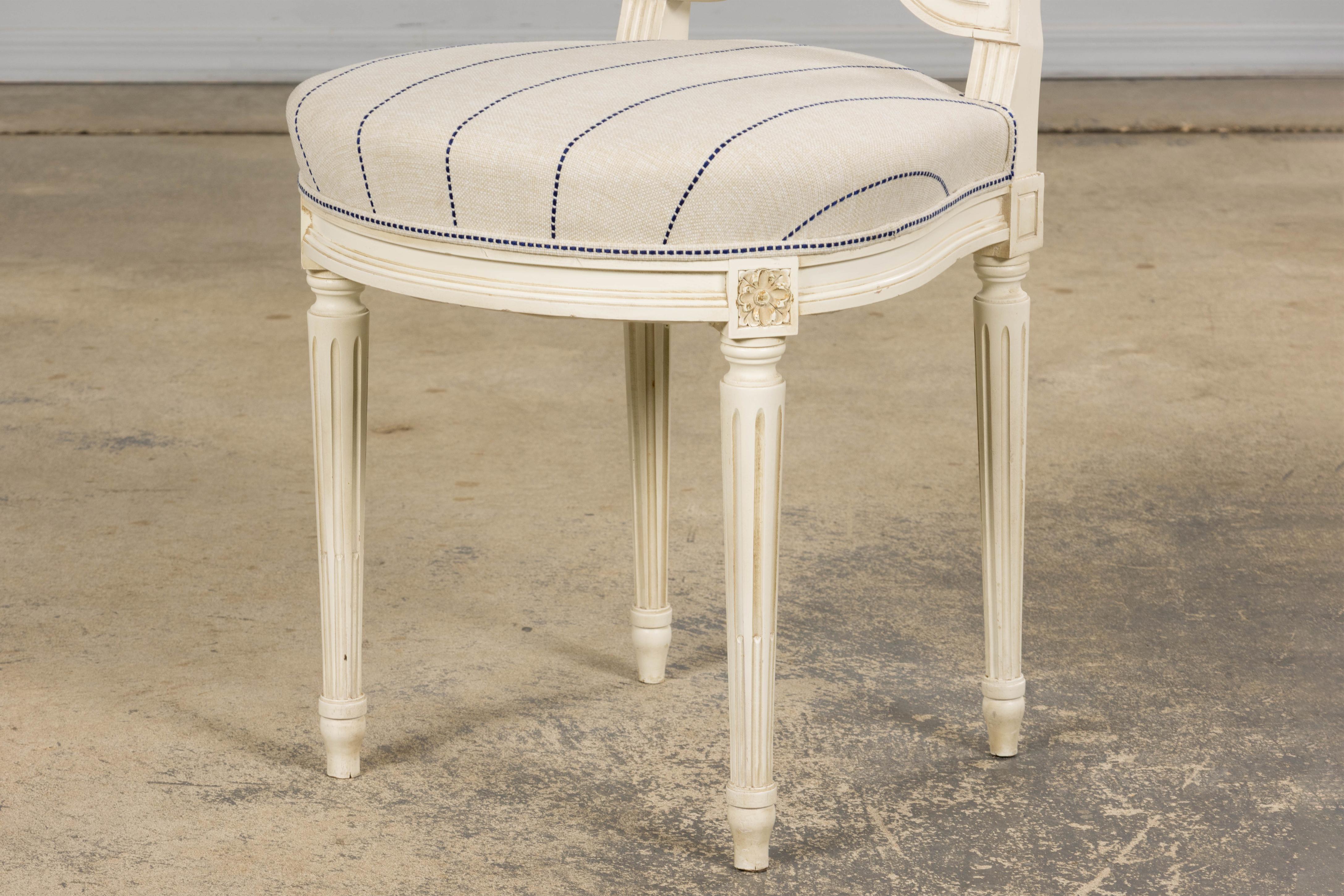 Pair of French Louis XVI Style Painted Lyre Back Accent Chairs in Blue Stripe For Sale 4