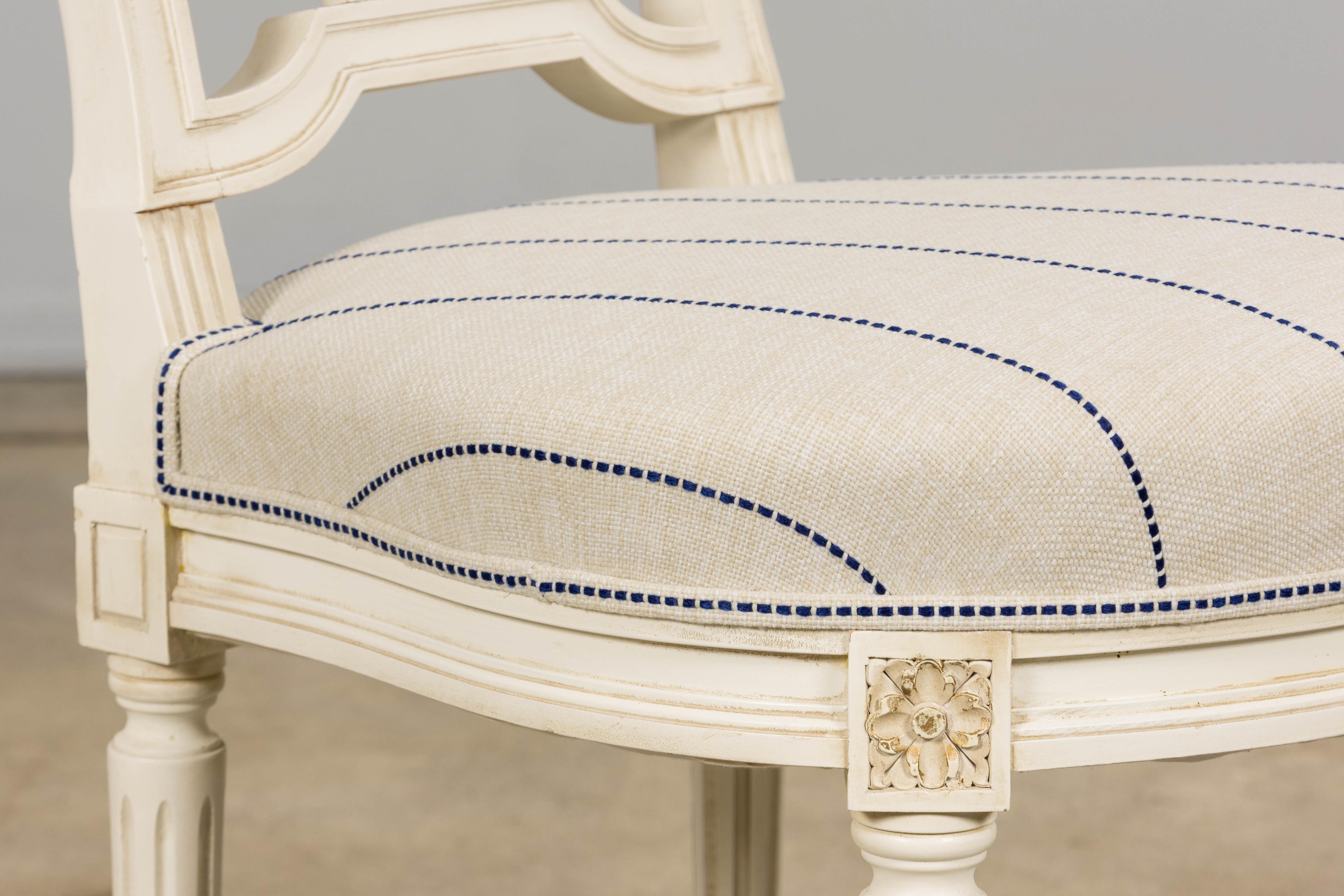 Pair of French Louis XVI Style Painted Lyre Back Accent Chairs in Blue Stripe For Sale 5
