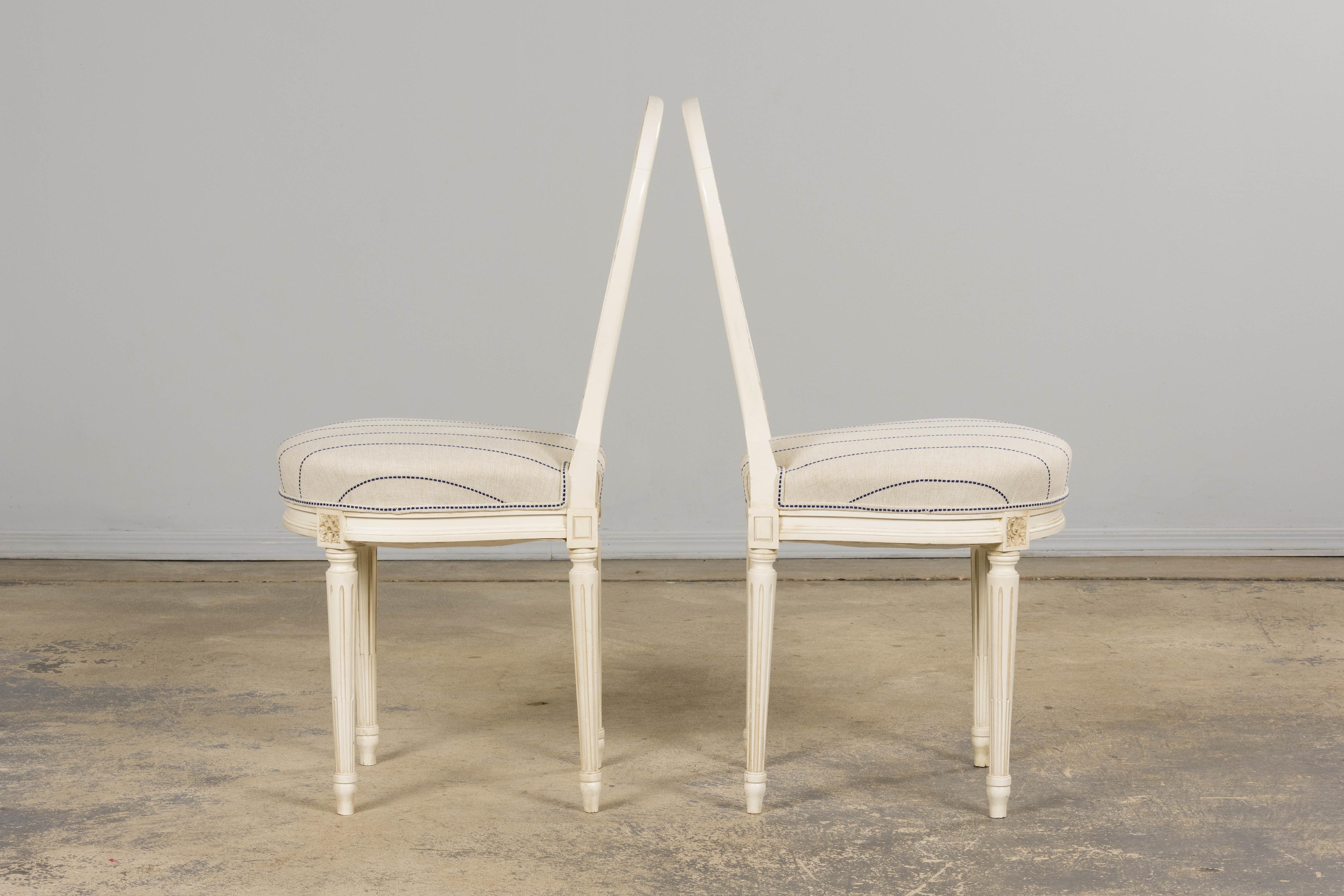 Pair of French Louis XVI Style Painted Lyre Back Accent Chairs in Blue Stripe For Sale 7