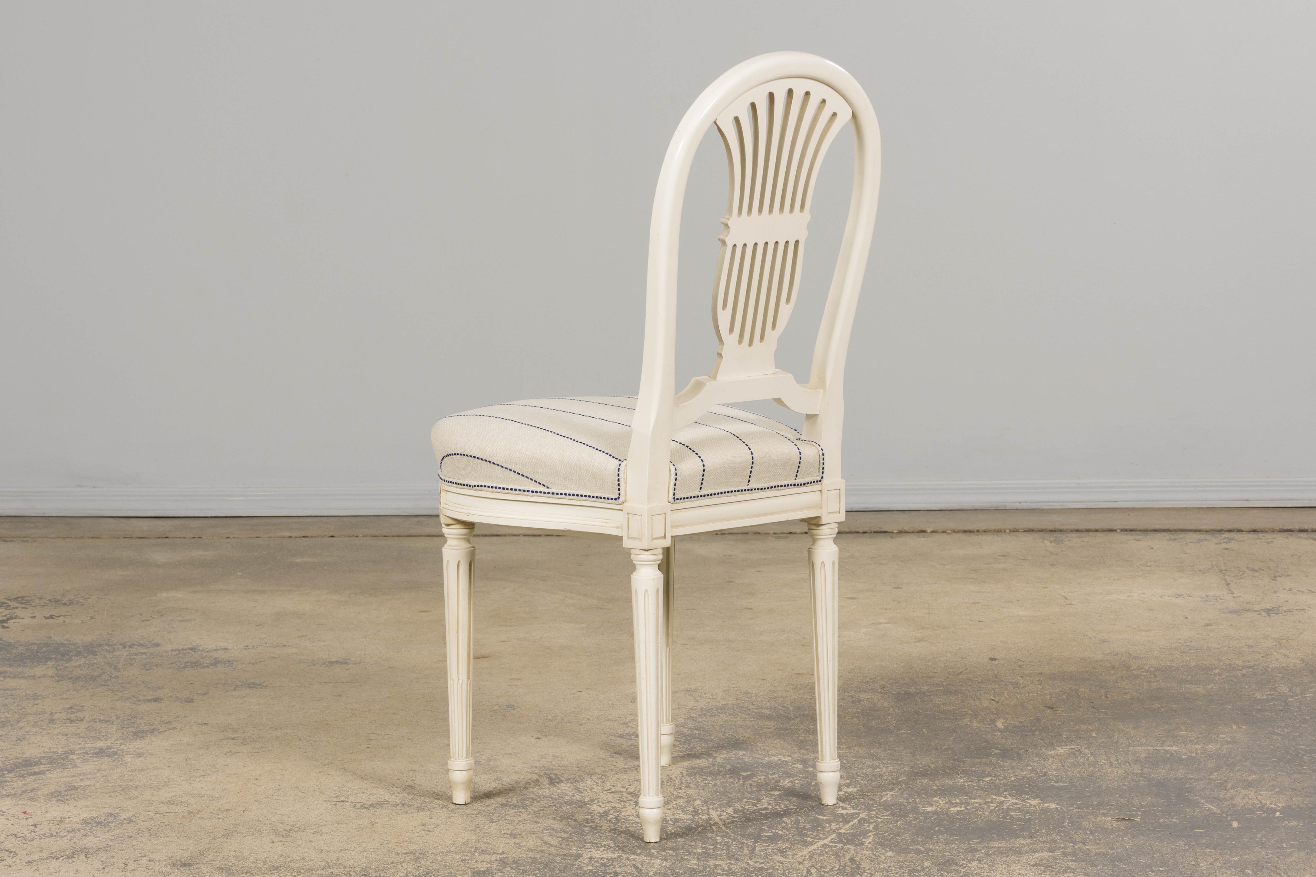 Pair of French Louis XVI Style Painted Lyre Back Accent Chairs in Blue Stripe For Sale 8