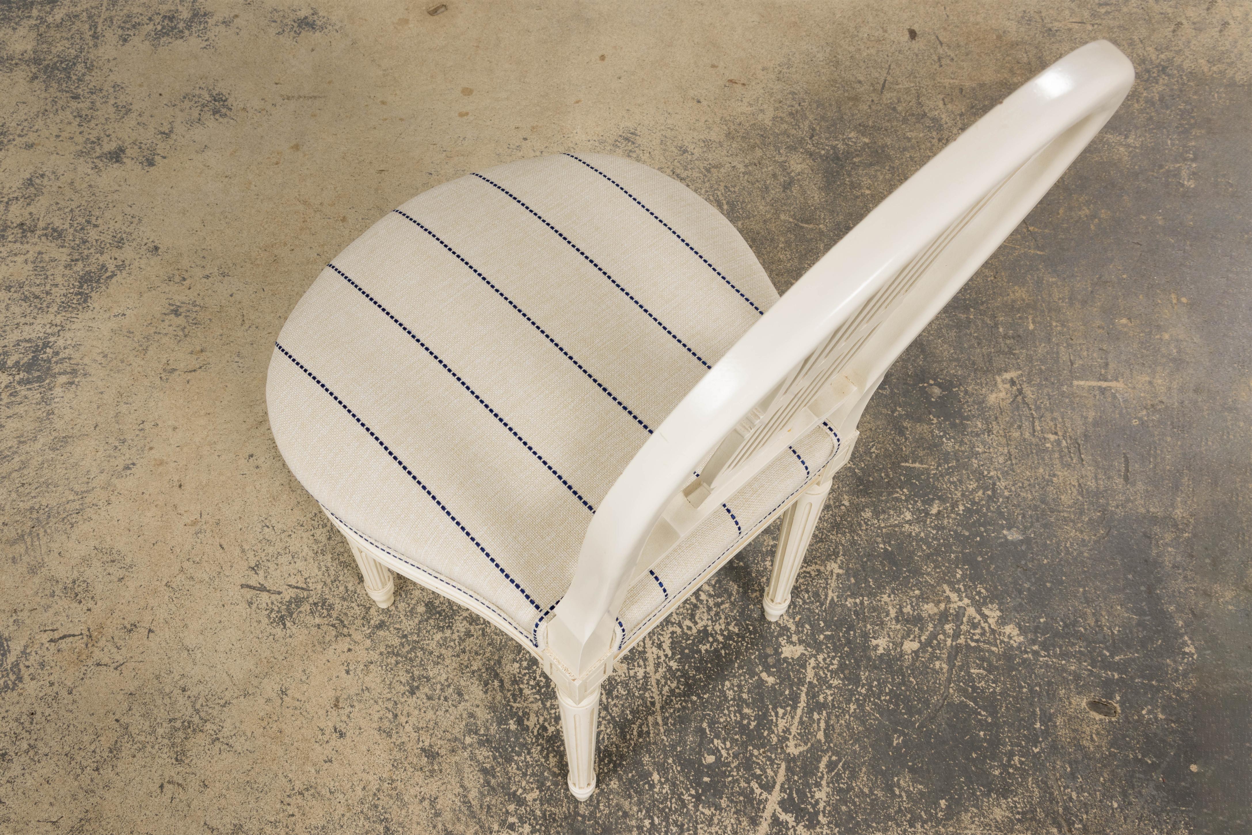 Pair of French Louis XVI Style Painted Lyre Back Accent Chairs in Blue Stripe For Sale 9