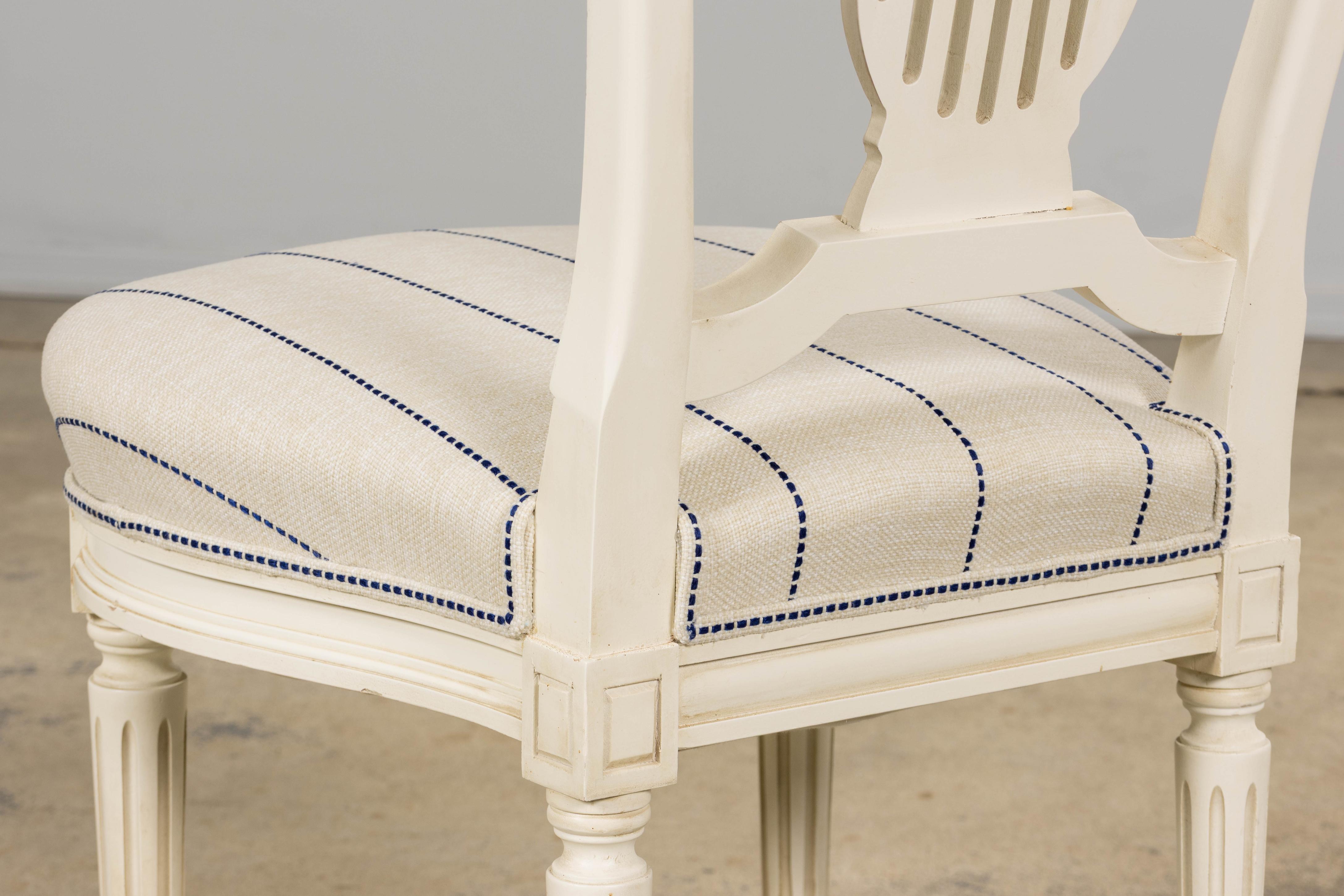 Pair of French Louis XVI Style Painted Lyre Back Accent Chairs in Blue Stripe For Sale 10