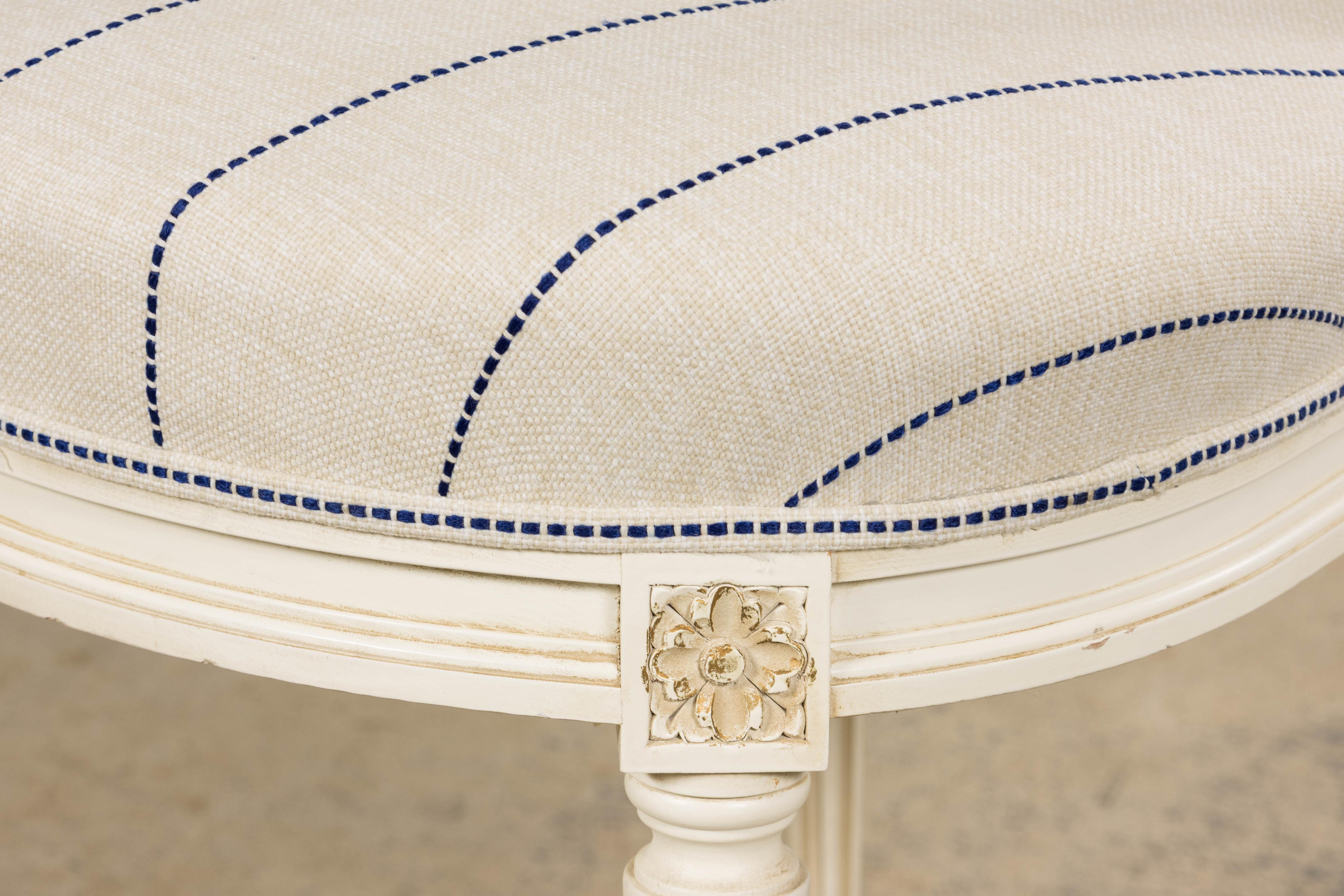 Pair of French Louis XVI Style Painted Lyre Back Accent Chairs in Blue Stripe For Sale 12