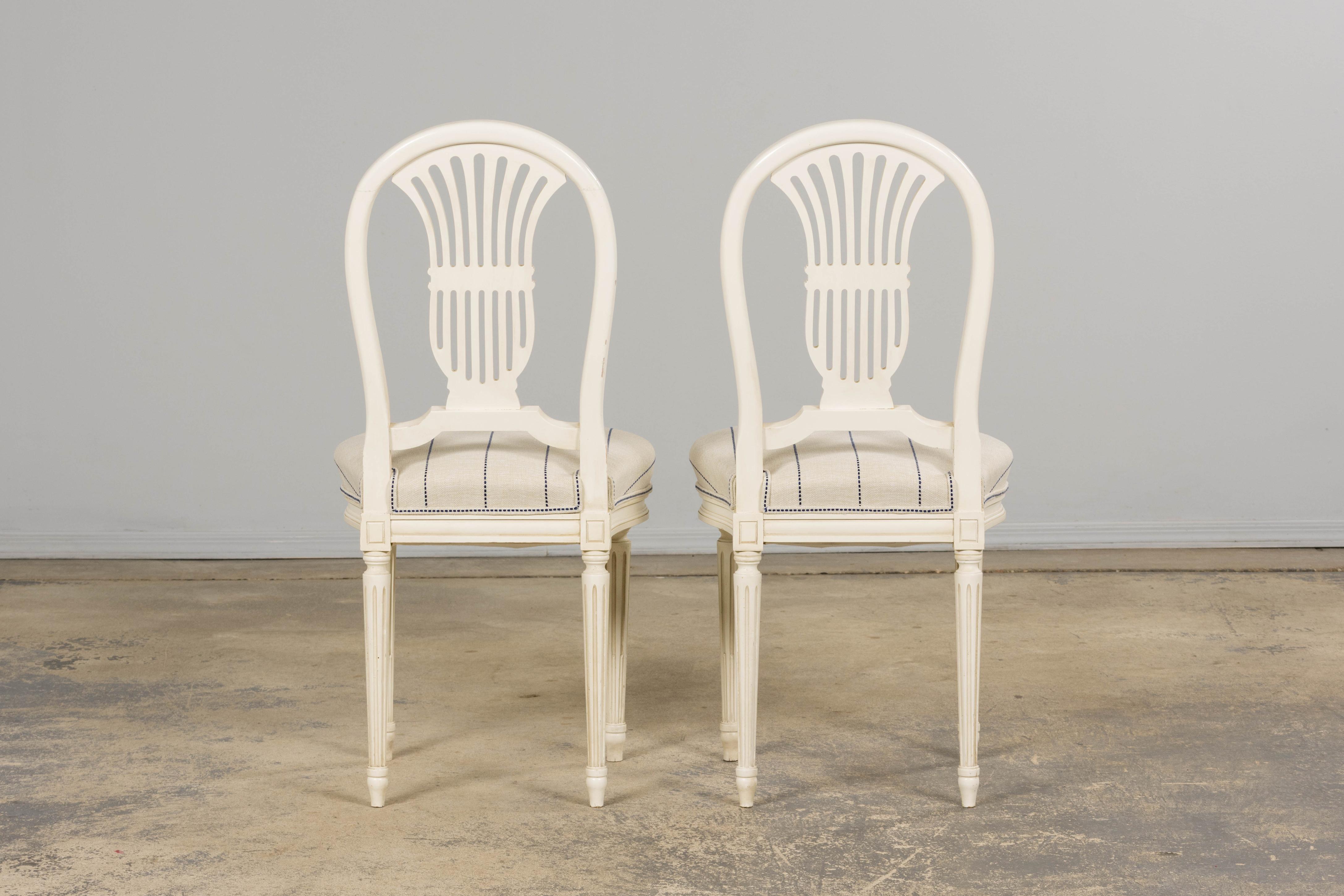 Pair of French Louis XVI Style Painted Lyre Back Accent Chairs in Blue Stripe For Sale 13