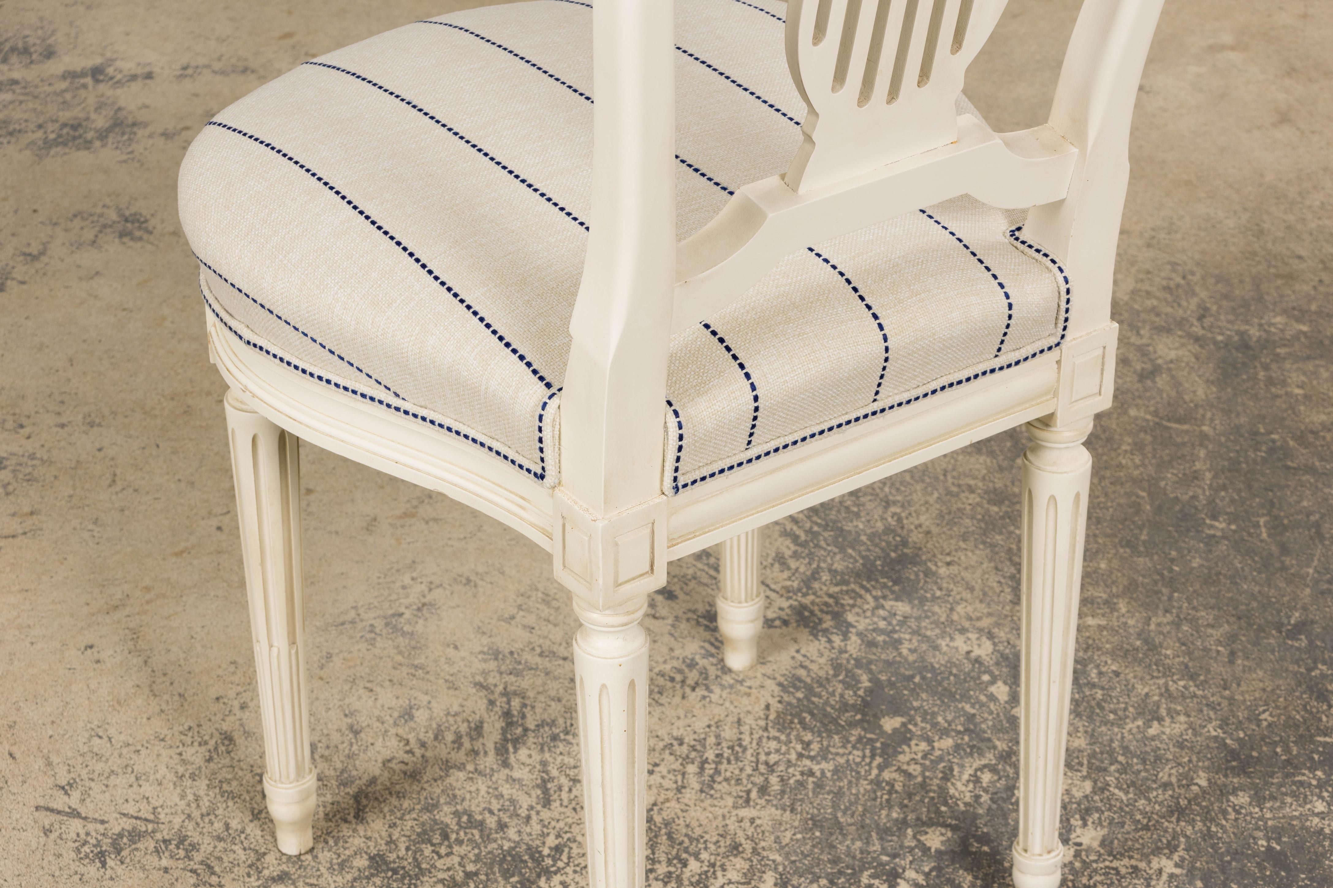Pair of French Louis XVI Style Painted Lyre Back Accent Chairs in Blue Stripe For Sale 14
