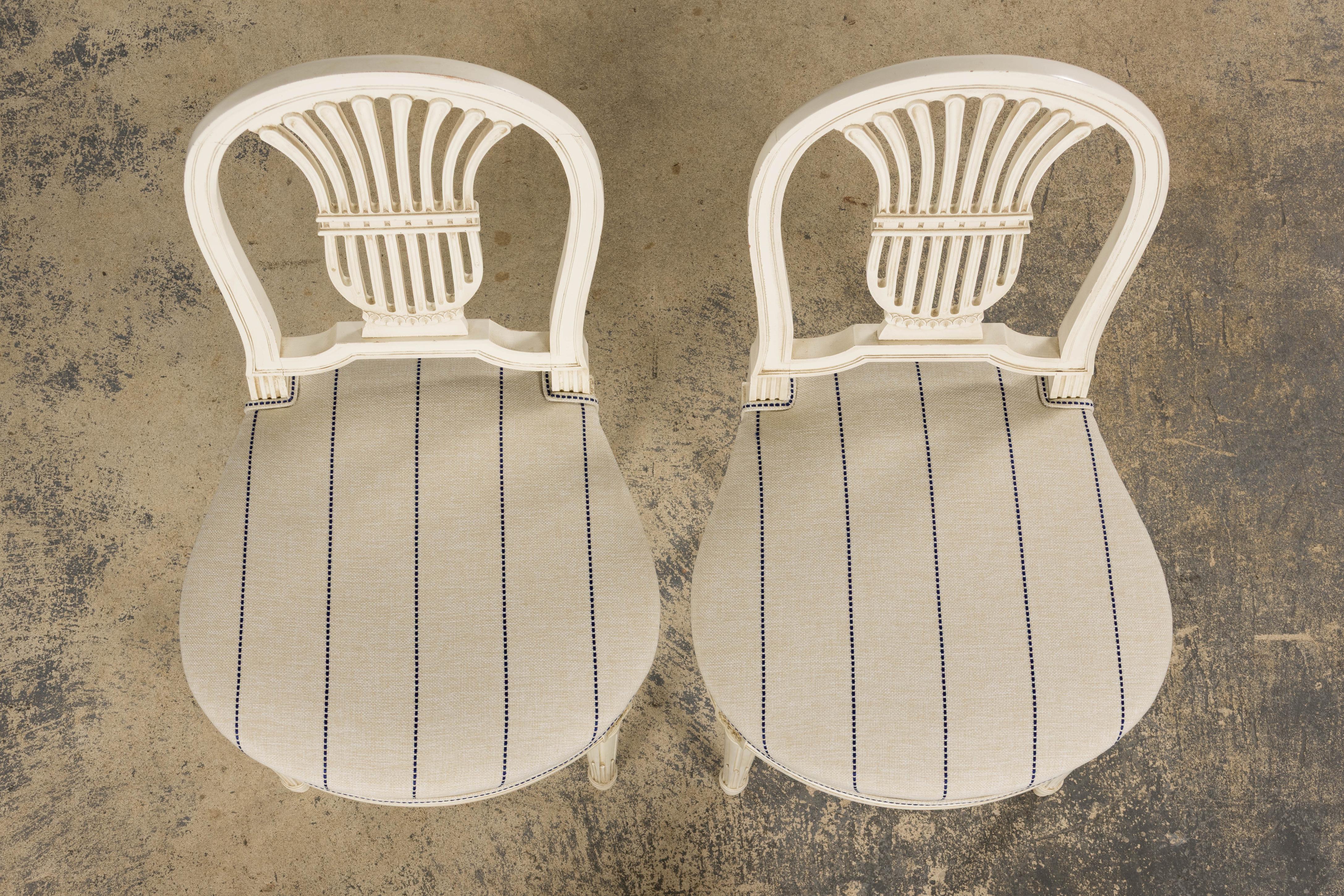 Hand-Carved Pair of French Louis XVI Style Painted Lyre Back Accent Chairs in Blue Stripe For Sale
