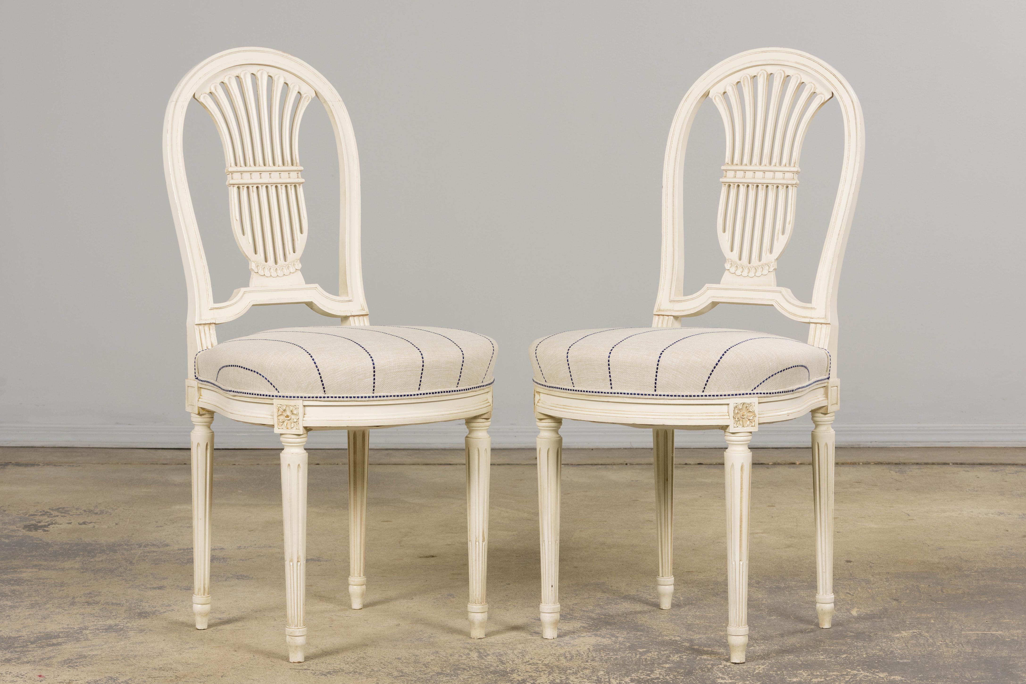 20th Century Pair of French Louis XVI Style Painted Lyre Back Accent Chairs in Blue Stripe For Sale