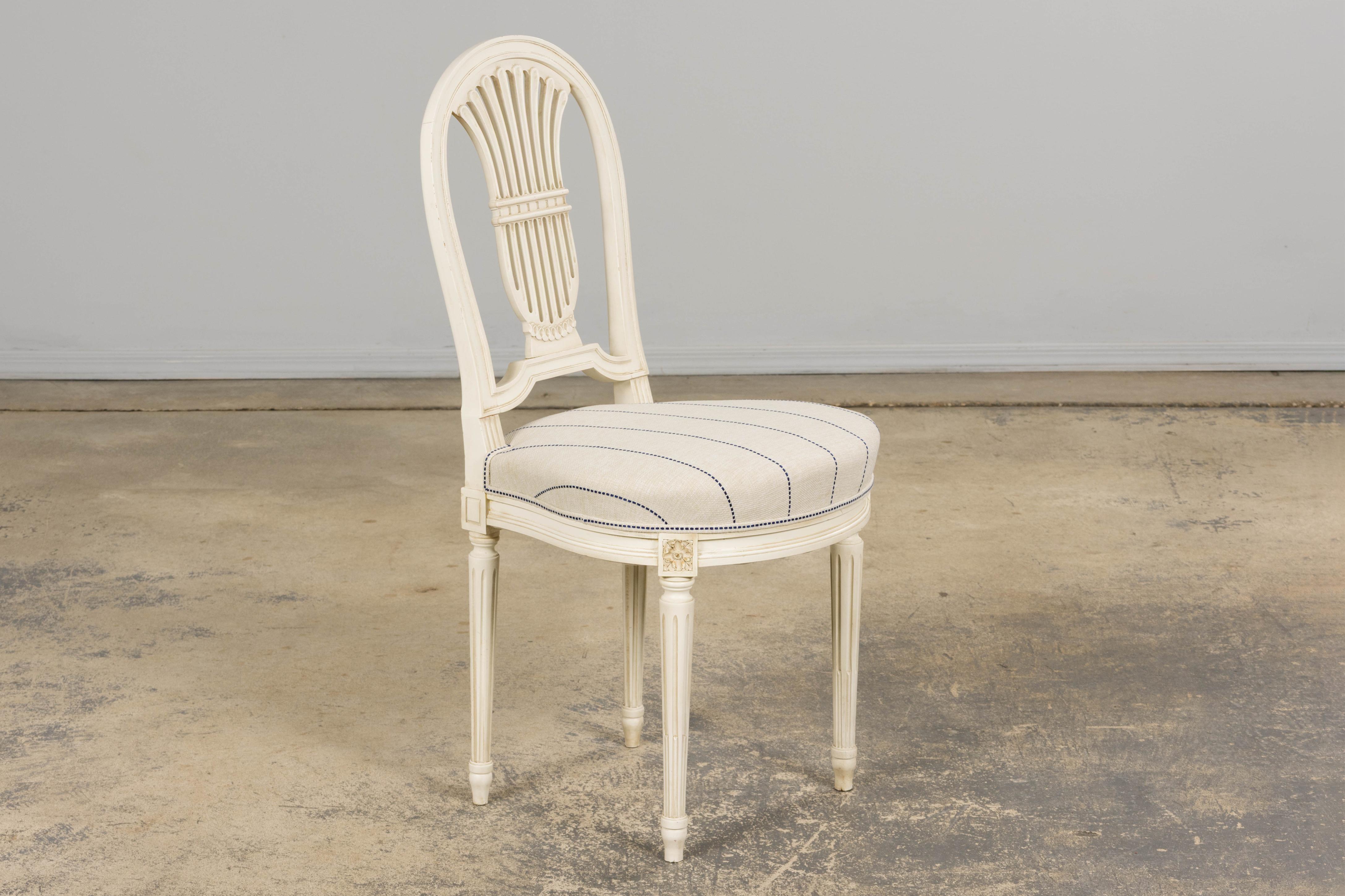 Fabric Pair of French Louis XVI Style Painted Lyre Back Accent Chairs in Blue Stripe For Sale