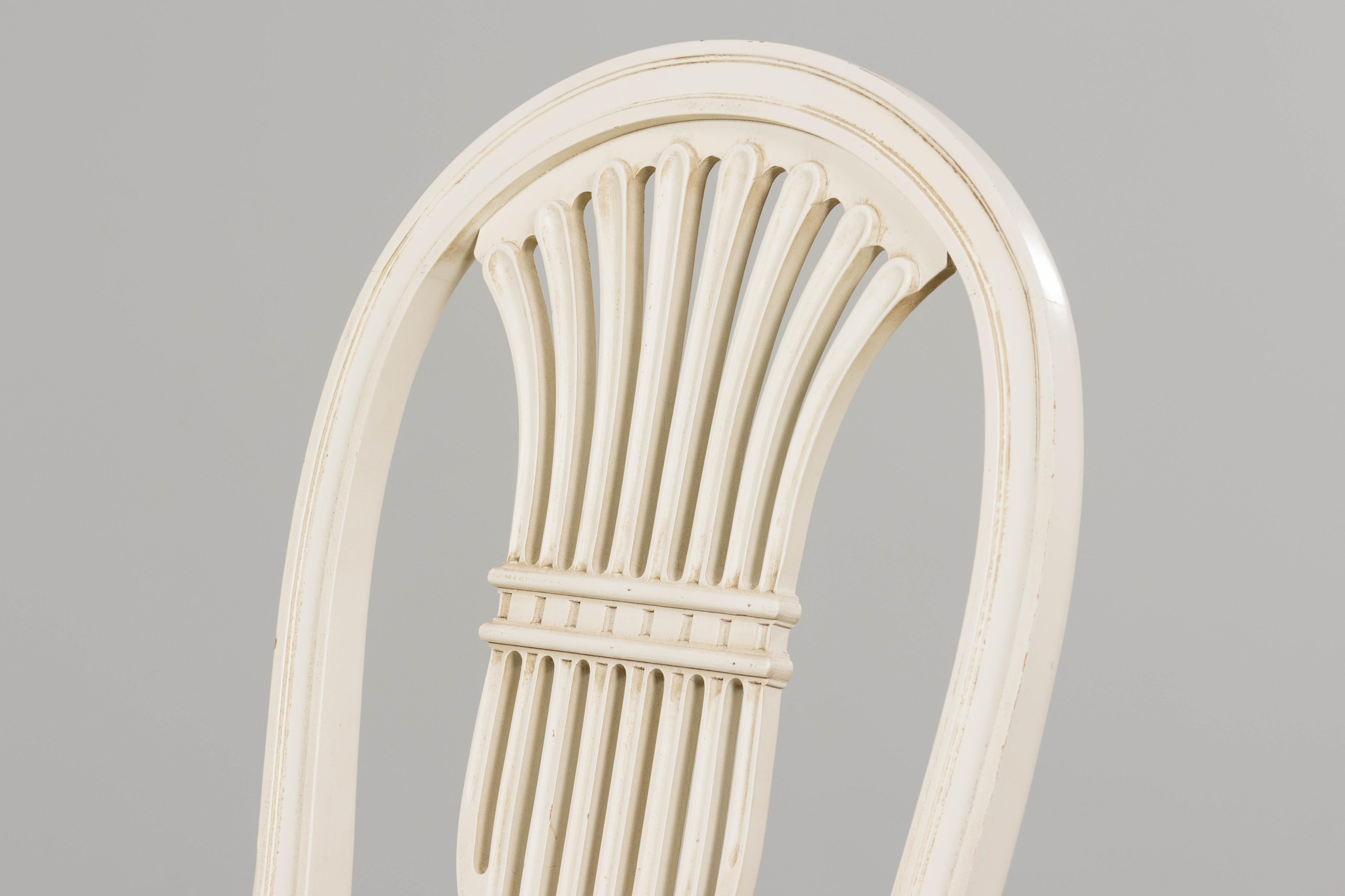 Pair of French Louis XVI Style Painted Lyre Back Accent Chairs in Blue Stripe For Sale 1