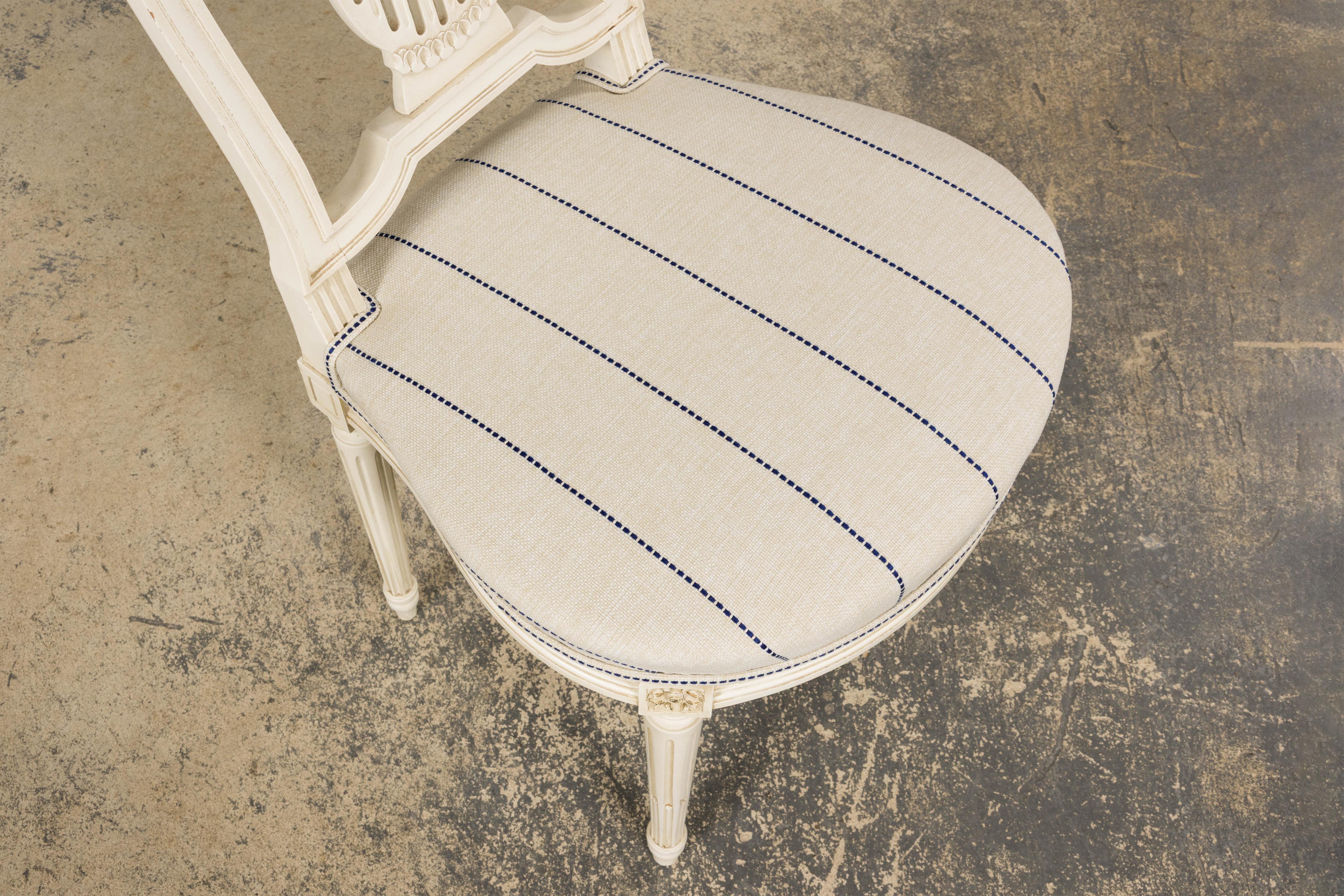 Pair of French Louis XVI Style Painted Lyre Back Accent Chairs in Blue Stripe For Sale 2