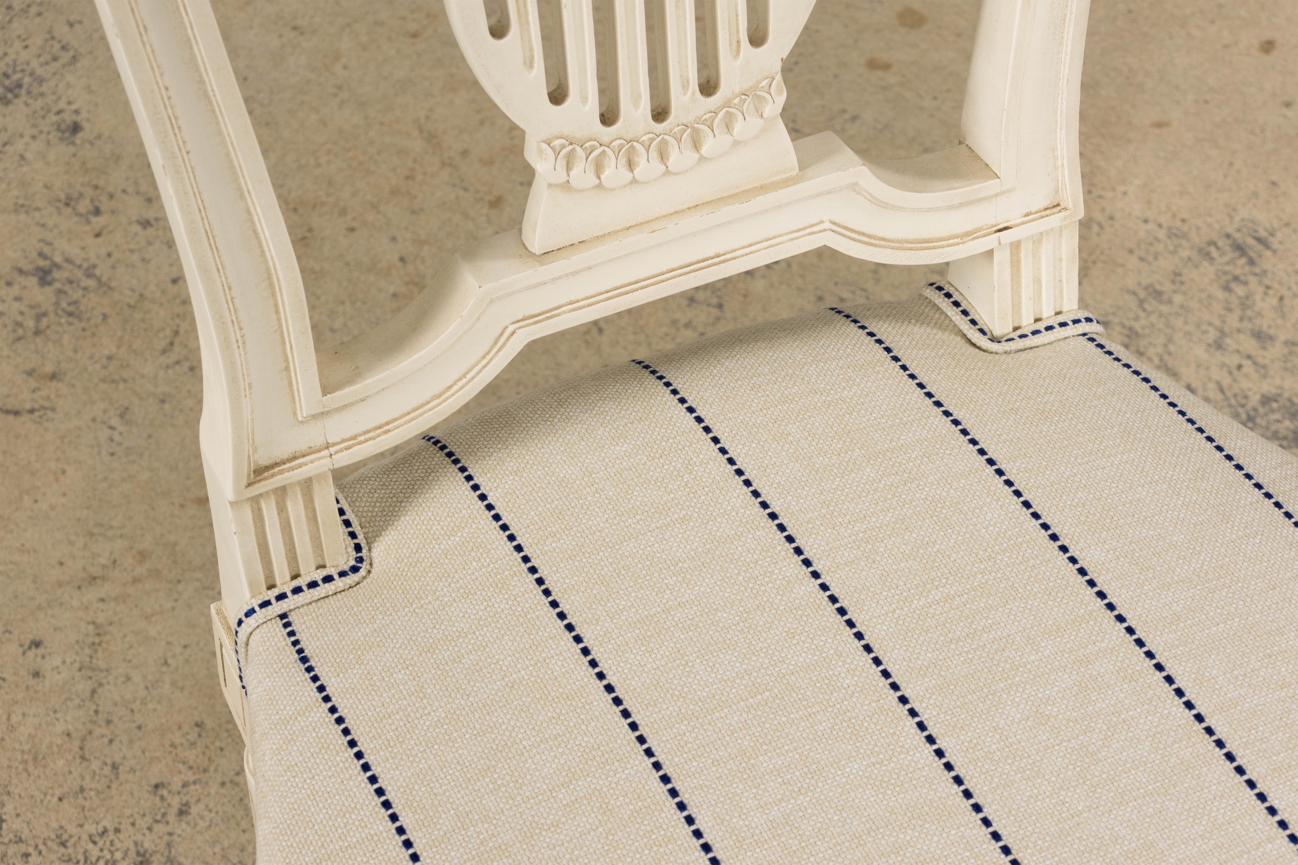 Pair of French Louis XVI Style Painted Lyre Back Accent Chairs in Blue Stripe For Sale 3