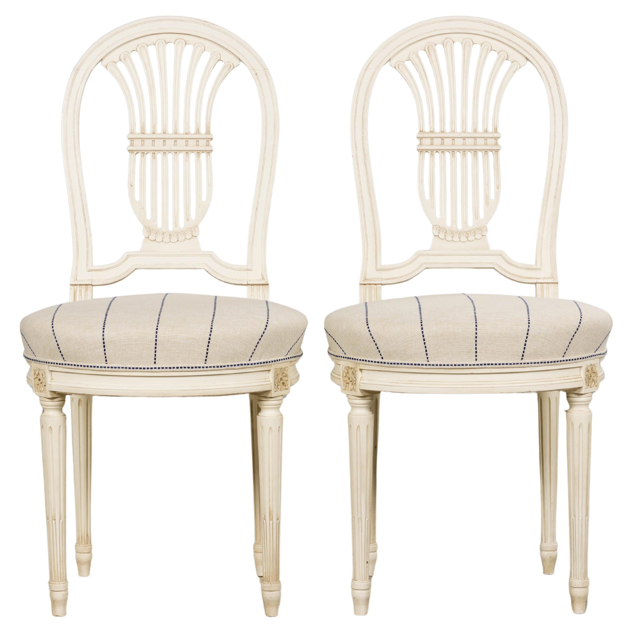 Pair of French Louis XVI Style Painted Lyre Back Accent Chairs in Blue Stripe For Sale