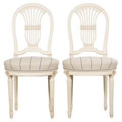 Antique Pair of French Louis XVI Style Painted Lyre Back Accent Chairs in Blue Stripe
