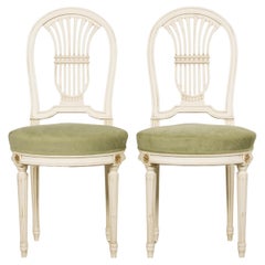 Antique Pair of French Louis XVI Style Painted Lyre Back Accent Chairs in Laurel Green