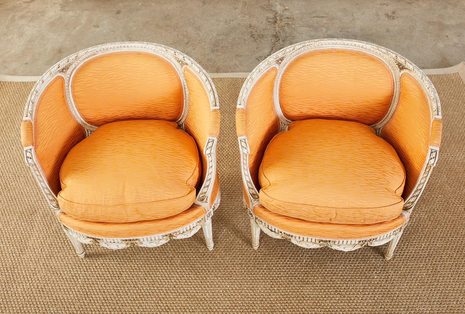 Pair of French Louis XVI Style Painted Round Bergere Armchairs In Good Condition In Rio Vista, CA