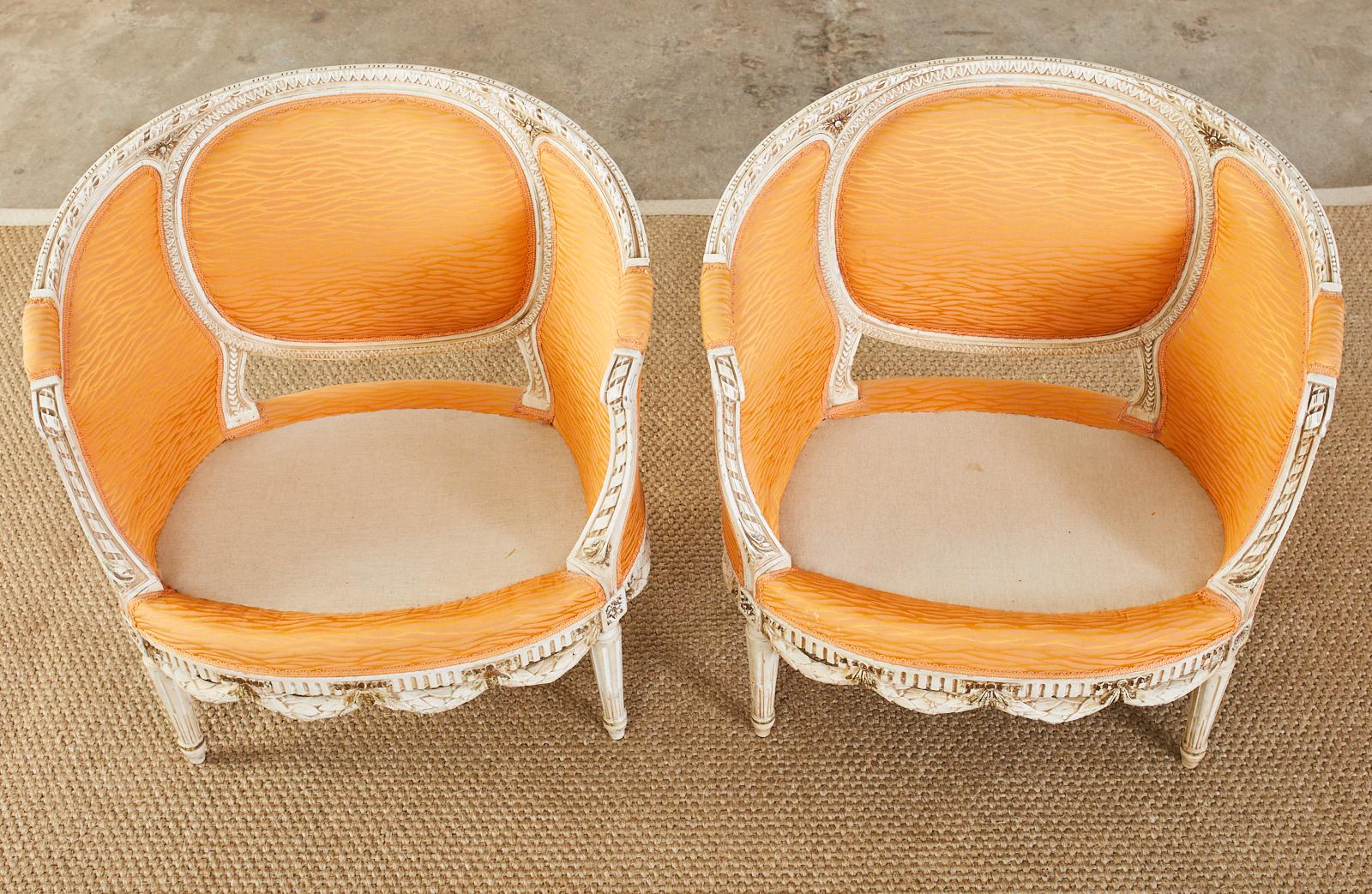 Pair of French Louis XVI Style Painted Round Bergere Armchairs 2