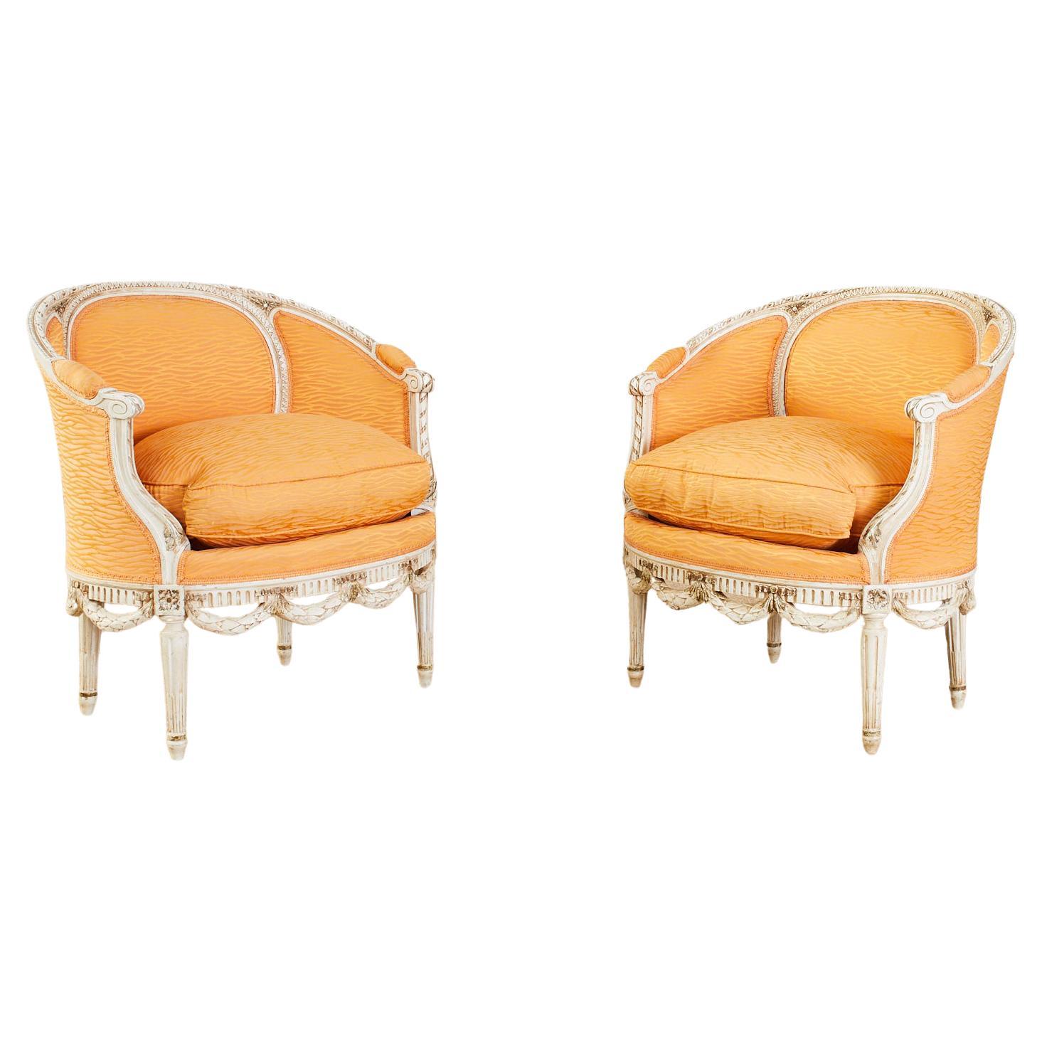 Pair of French Louis XVI Style Painted Round Bergere Armchairs
