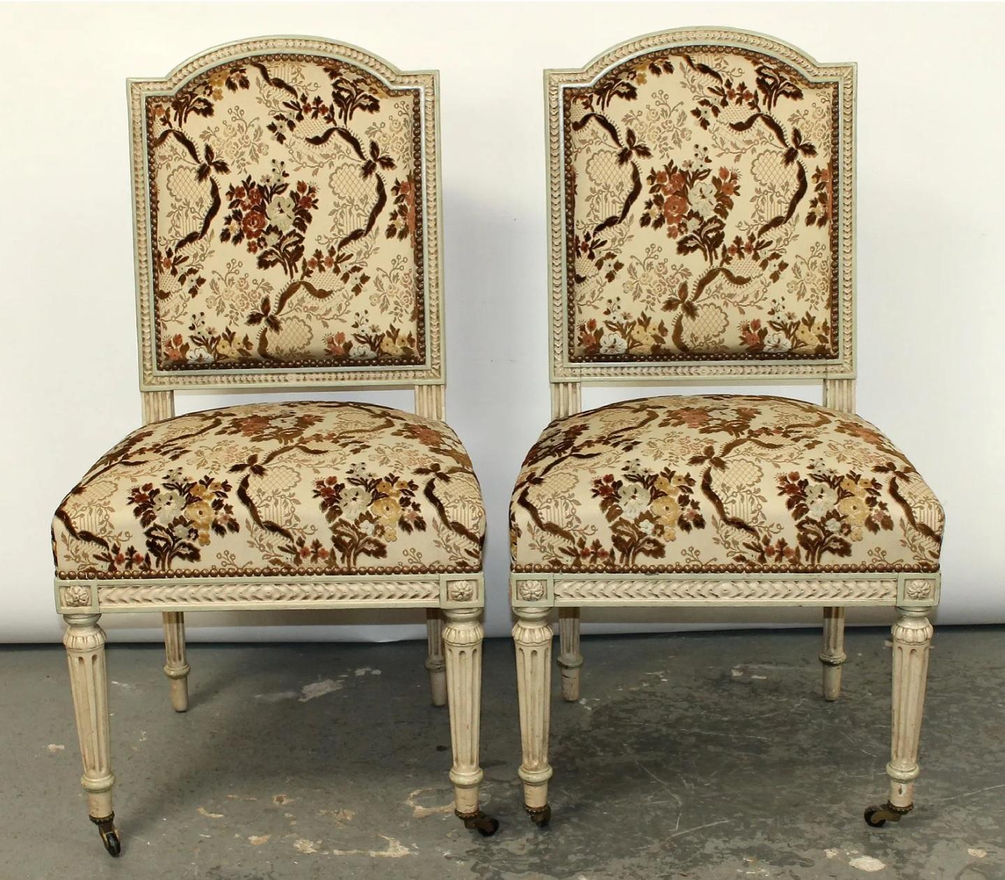 Upholstery Pair of French Louis XVI Style Painted Side Chairs on Fluted Legs For Sale