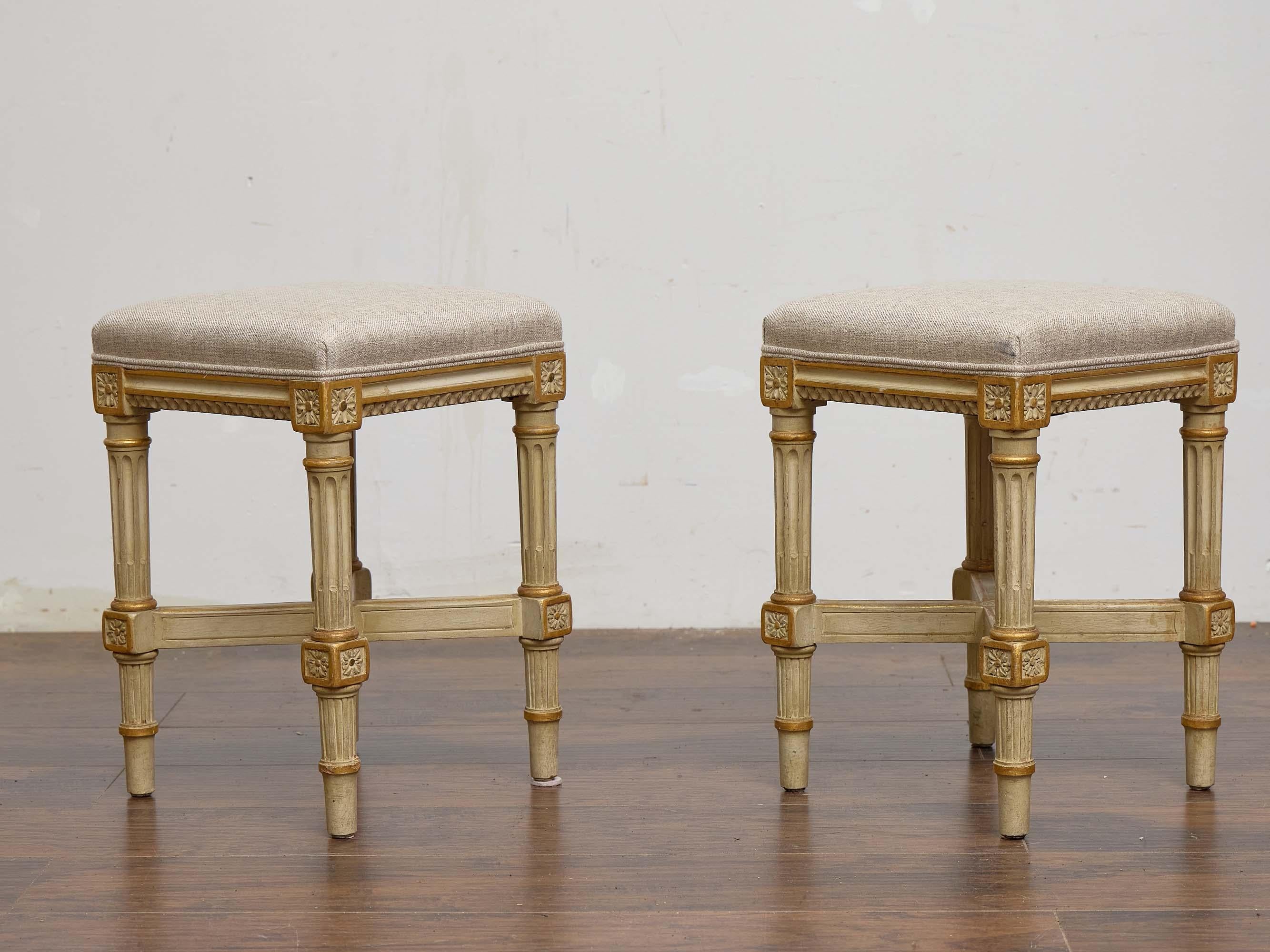 Pair of French Louis XVI-Style Painted Stools with Rosette Carvings, circa 1920 In Good Condition For Sale In Atlanta, GA