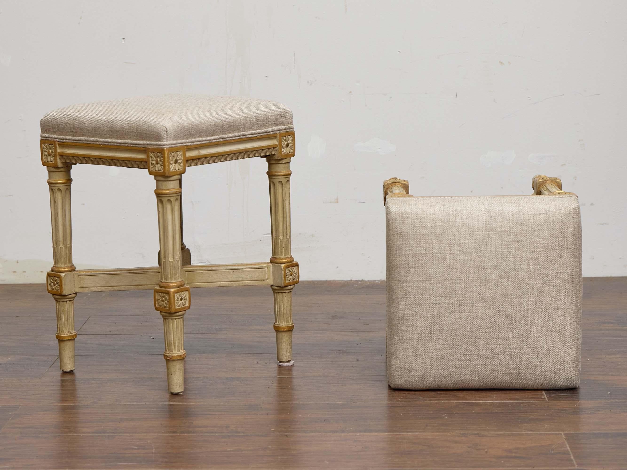20th Century Pair of French Louis XVI-Style Painted Stools with Rosette Carvings, circa 1920 For Sale