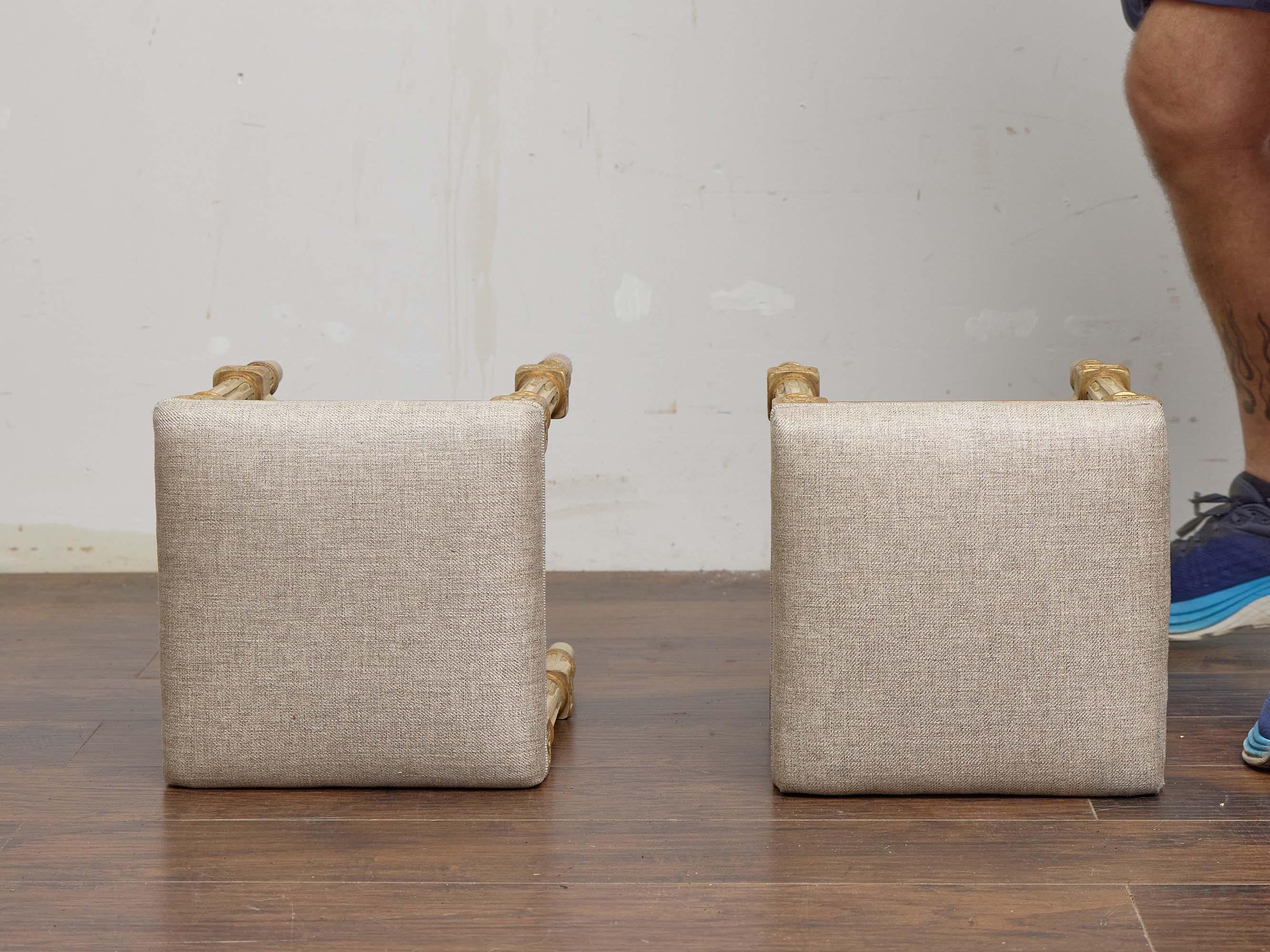 Fabric Pair of French Louis XVI-Style Painted Stools with Rosette Carvings, circa 1920 For Sale