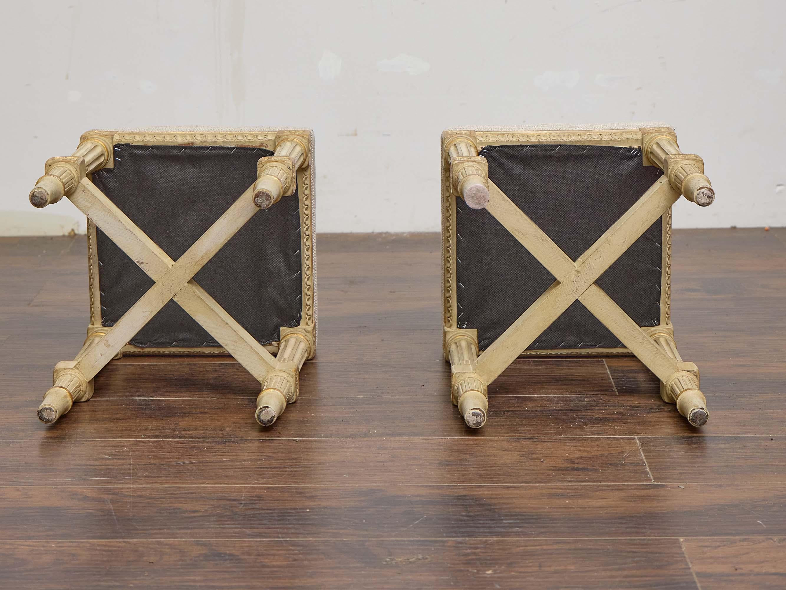 Pair of French Louis XVI-Style Painted Stools with Rosette Carvings, circa 1920 For Sale 1