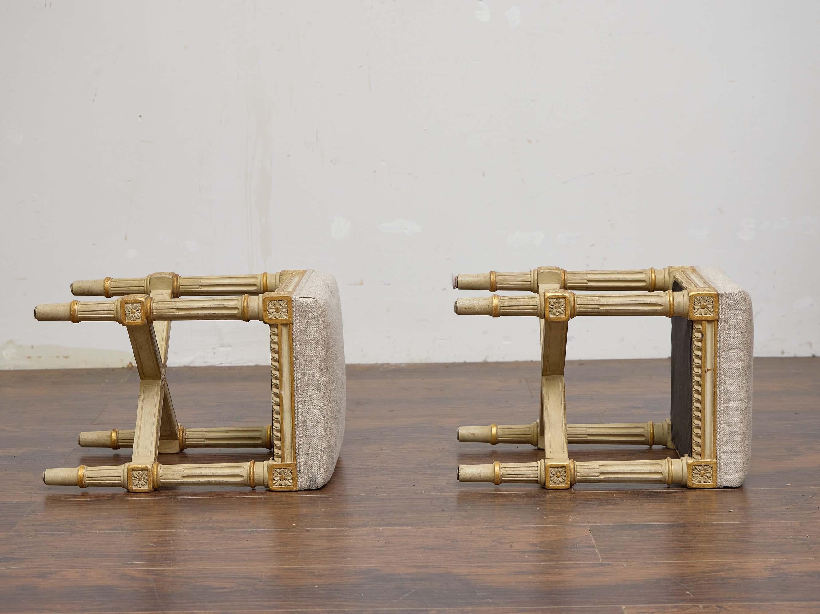 Pair of French Louis XVI-Style Painted Stools with Rosette Carvings, circa 1920 For Sale 2