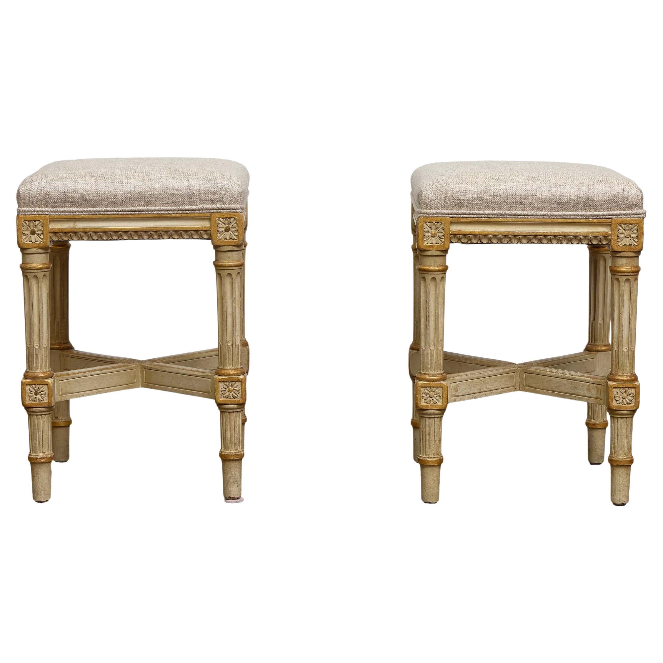 Pair of French Louis XVI-Style Painted Stools with Rosette Carvings, circa 1920 For Sale