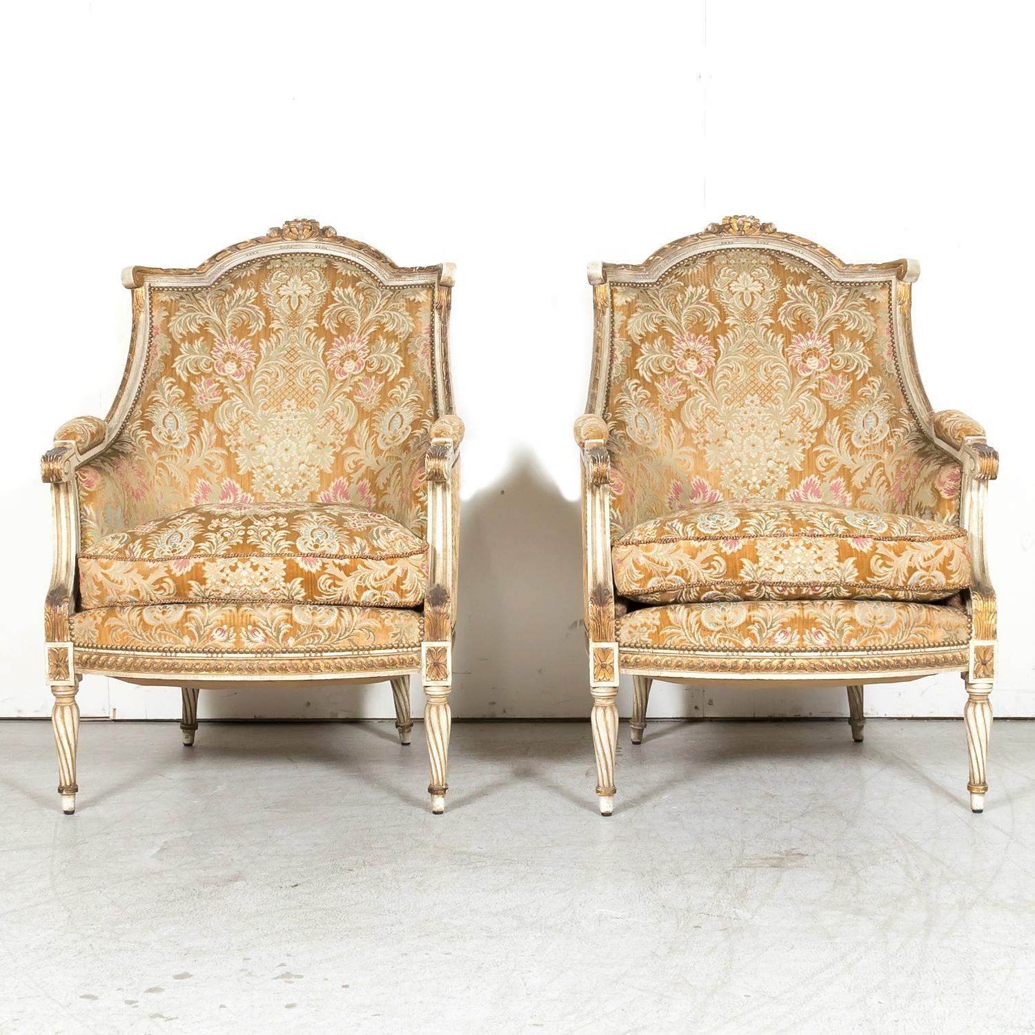 Pair of French Louis XVI Style Parcel Gilt and Painted Maison Jansen Bergeres  In Good Condition For Sale In Birmingham, AL
