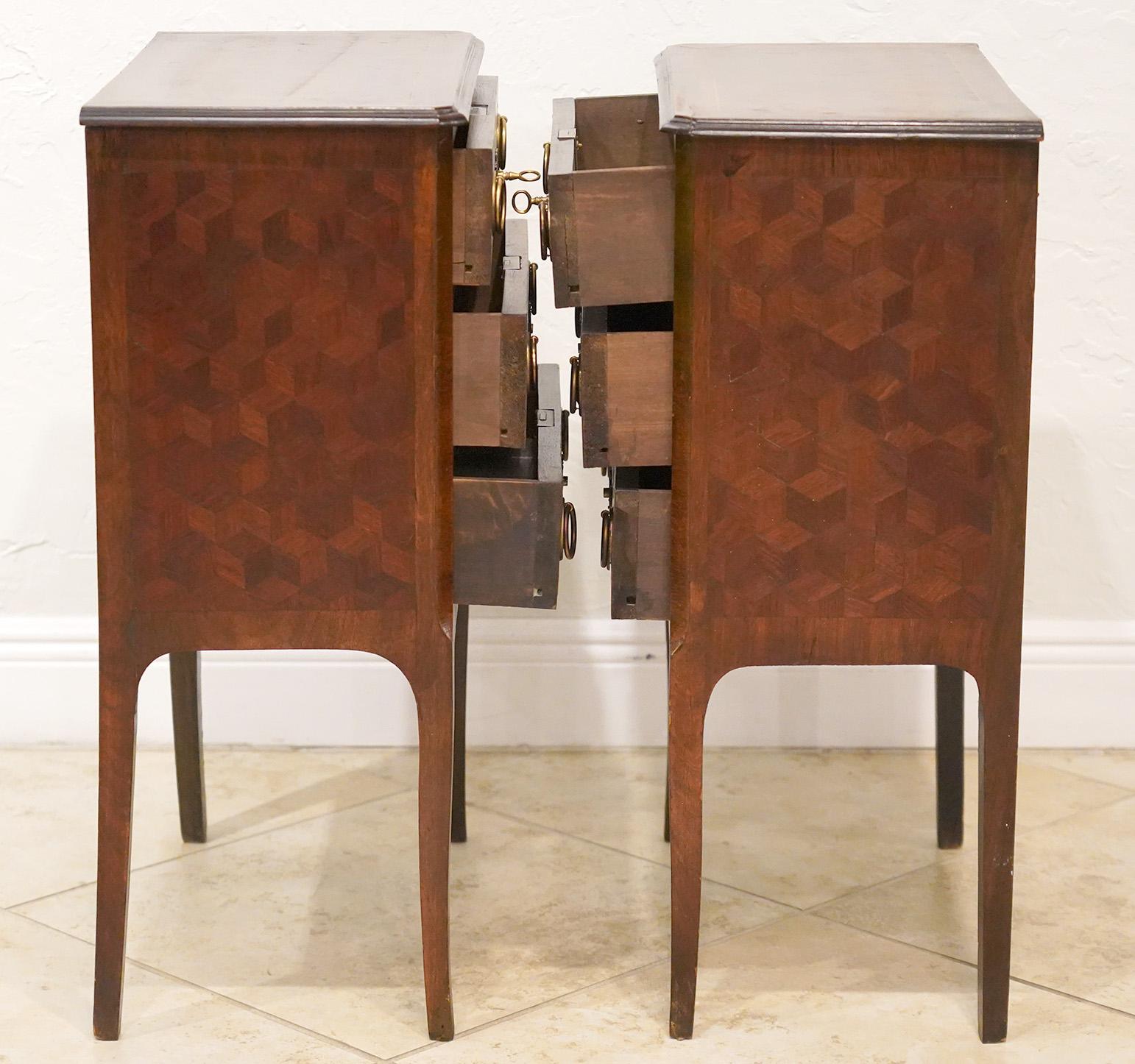 Pair of French Louis XVI Style Parquetry Three Drawer Commodes or Night Stands 6