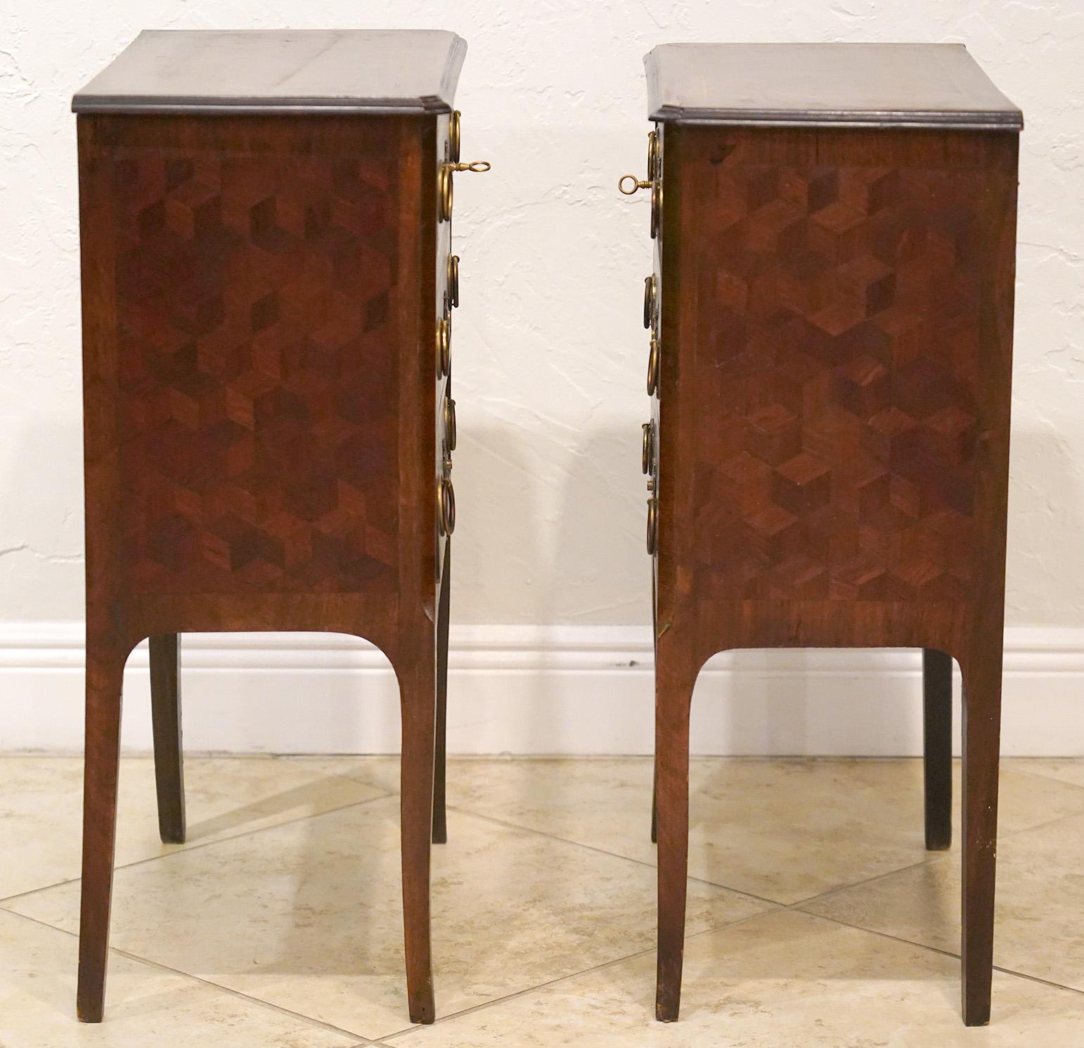 Pair of French Louis XVI Style Parquetry Three Drawer Commodes or Night Stands 7