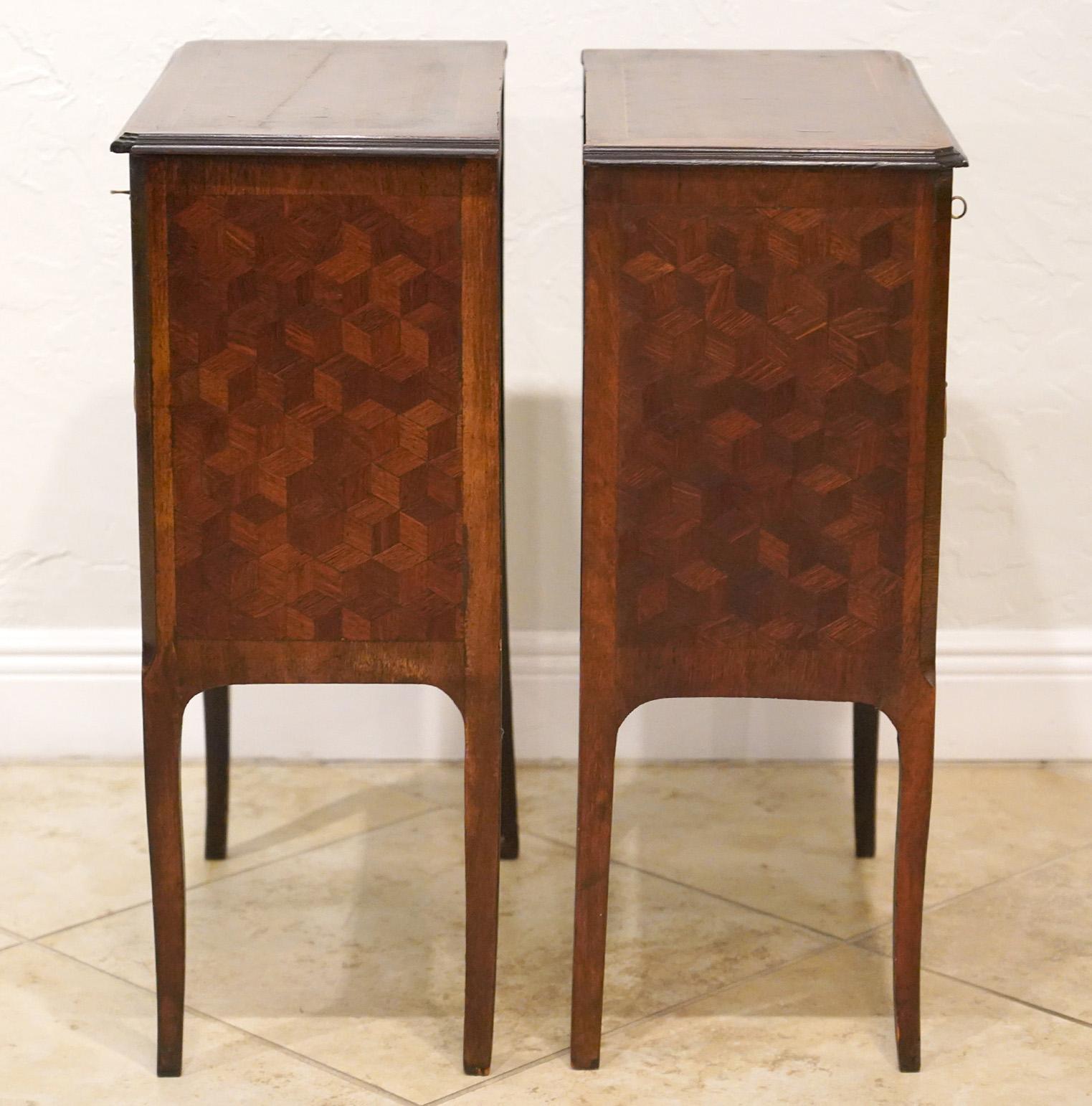 Pair of French Louis XVI Style Parquetry Three Drawer Commodes or Night Stands 3