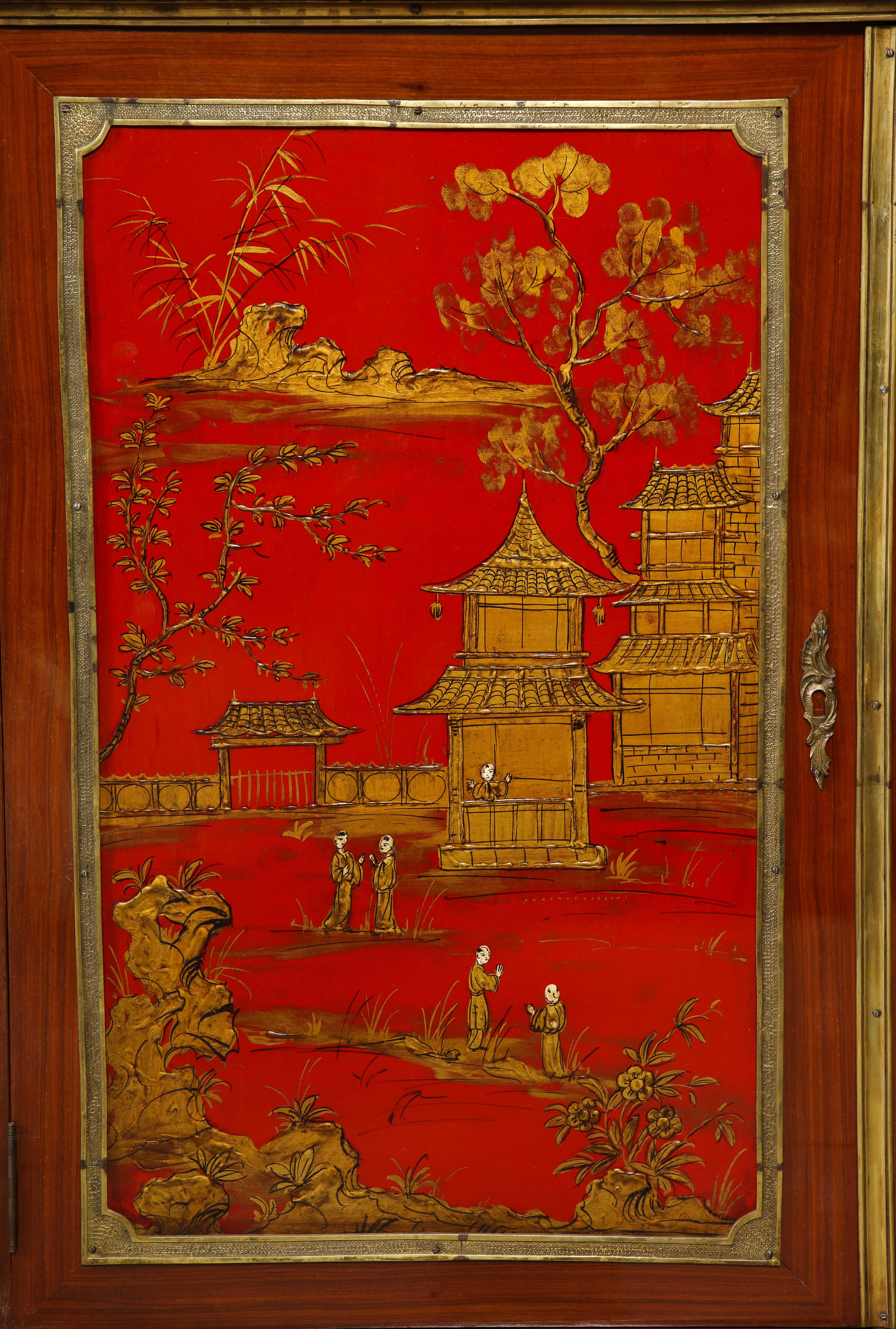 Paire de  Armoires chinoiserie rouge de style Louis XVI en vente 5