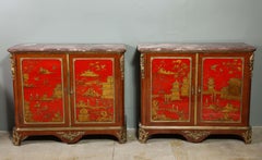 Pair of  French Louis XVI Style Red Chinoiserie Cabinets
