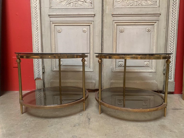 Pair of French Louis XVI Style Round Brass and Glass End Tables For