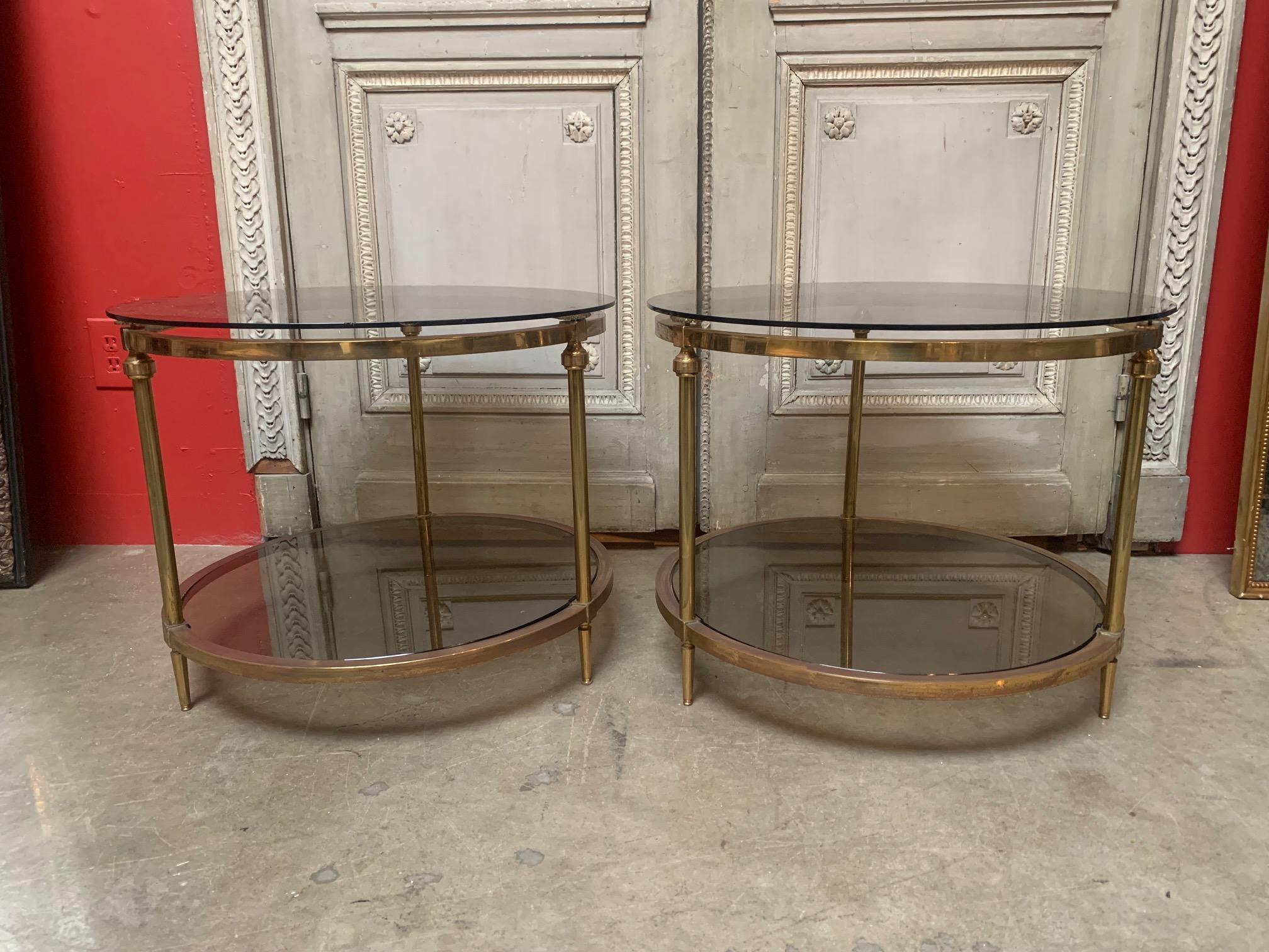 Pair of French Louis XVI Style Round Brass and Glass End Tables In Good Condition In Dallas, TX