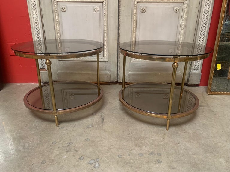 Pair of French Louis XVI Style Round Brass and Glass End Tables For