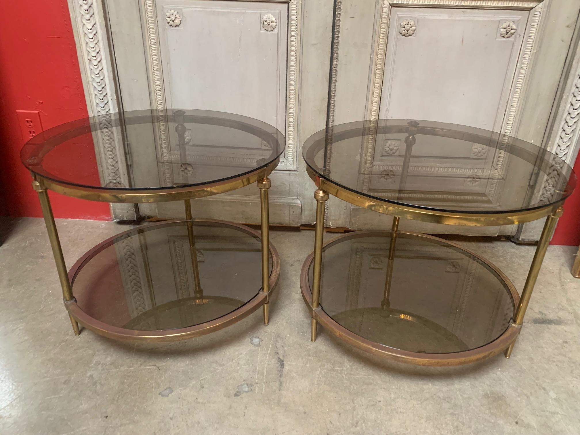 Pair of French Louis XVI Style Round Brass and Glass End Tables 1