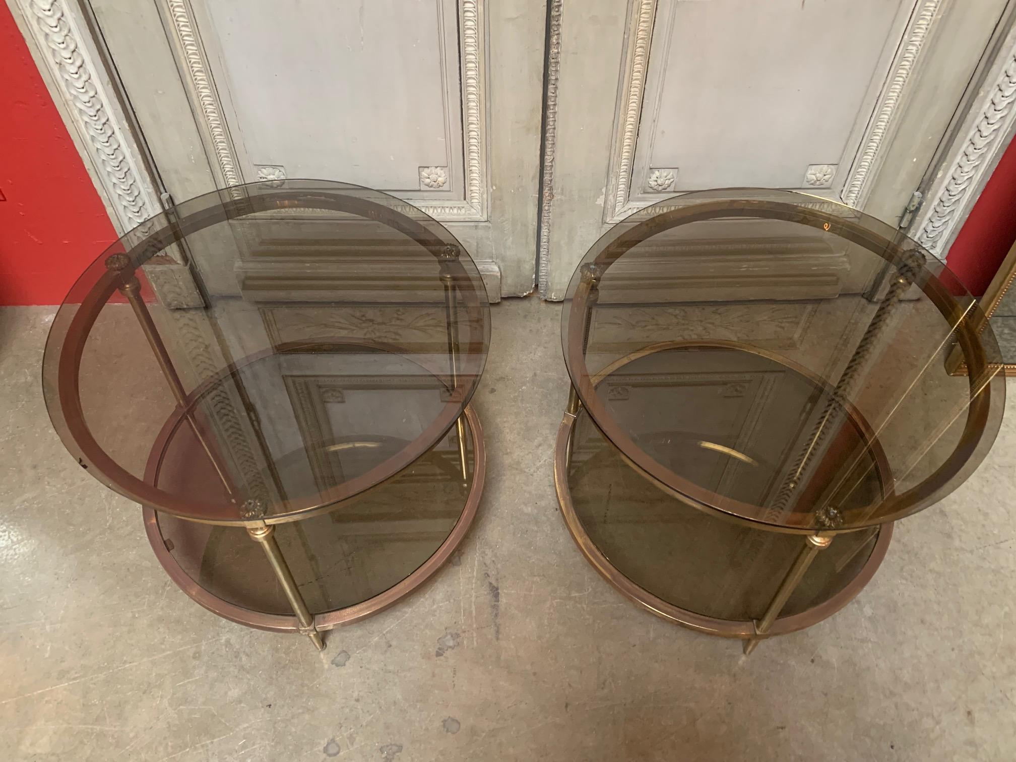 Pair of French Louis XVI Style Round Brass and Glass End Tables 2