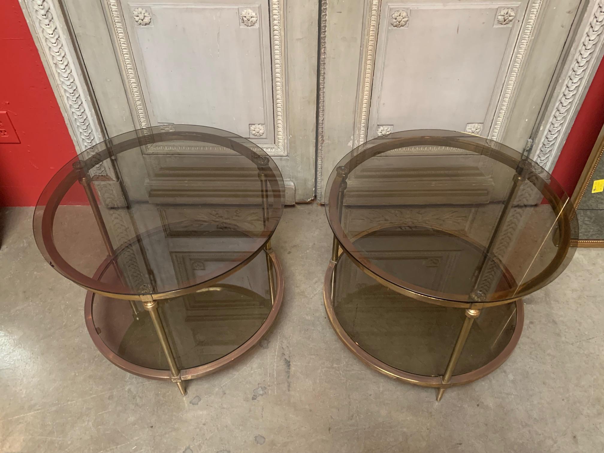 Pair of French Louis XVI Style Round Brass and Glass End Tables 3