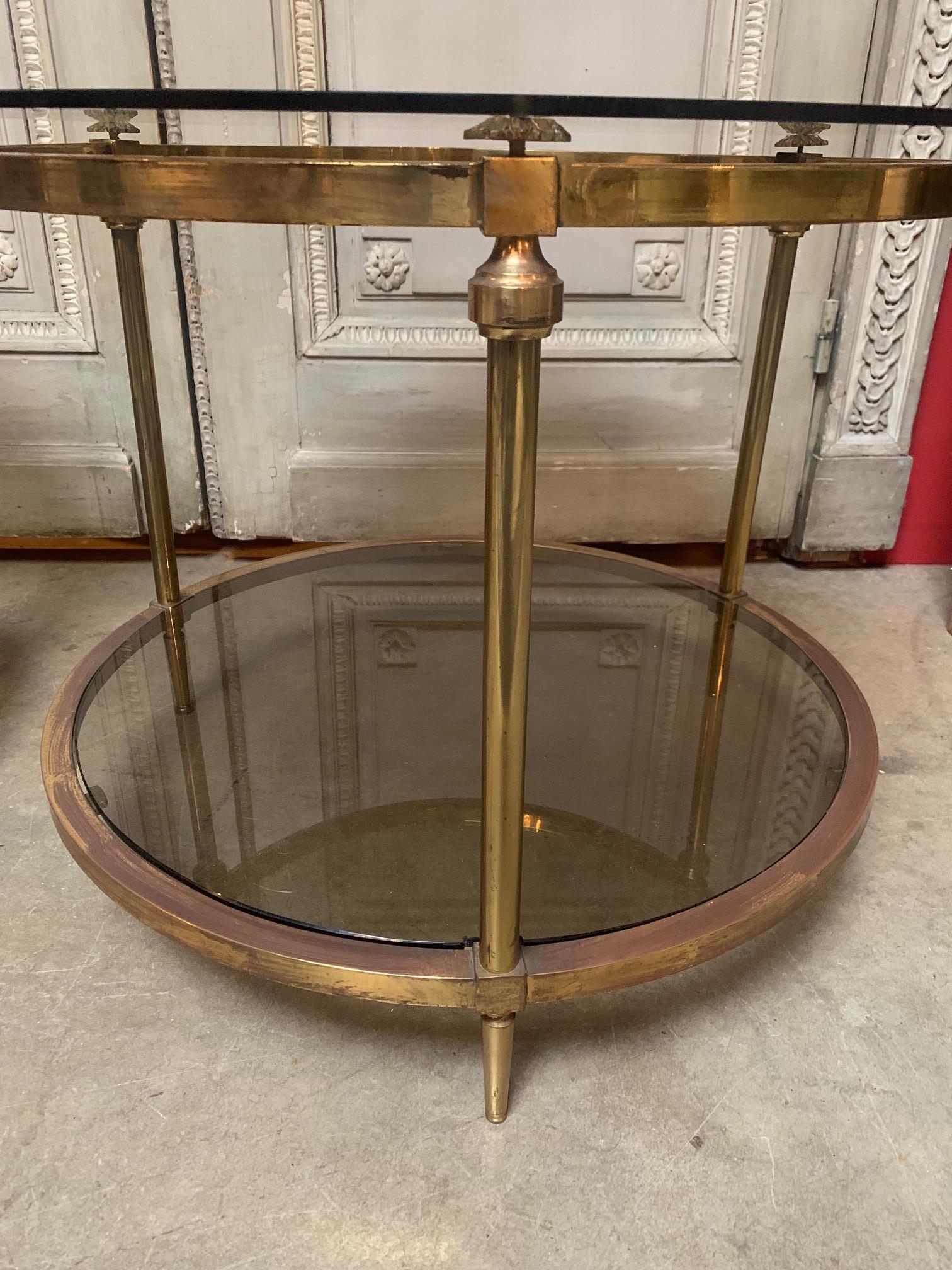 Pair of French Louis XVI Style Round Brass and Glass End Tables 4