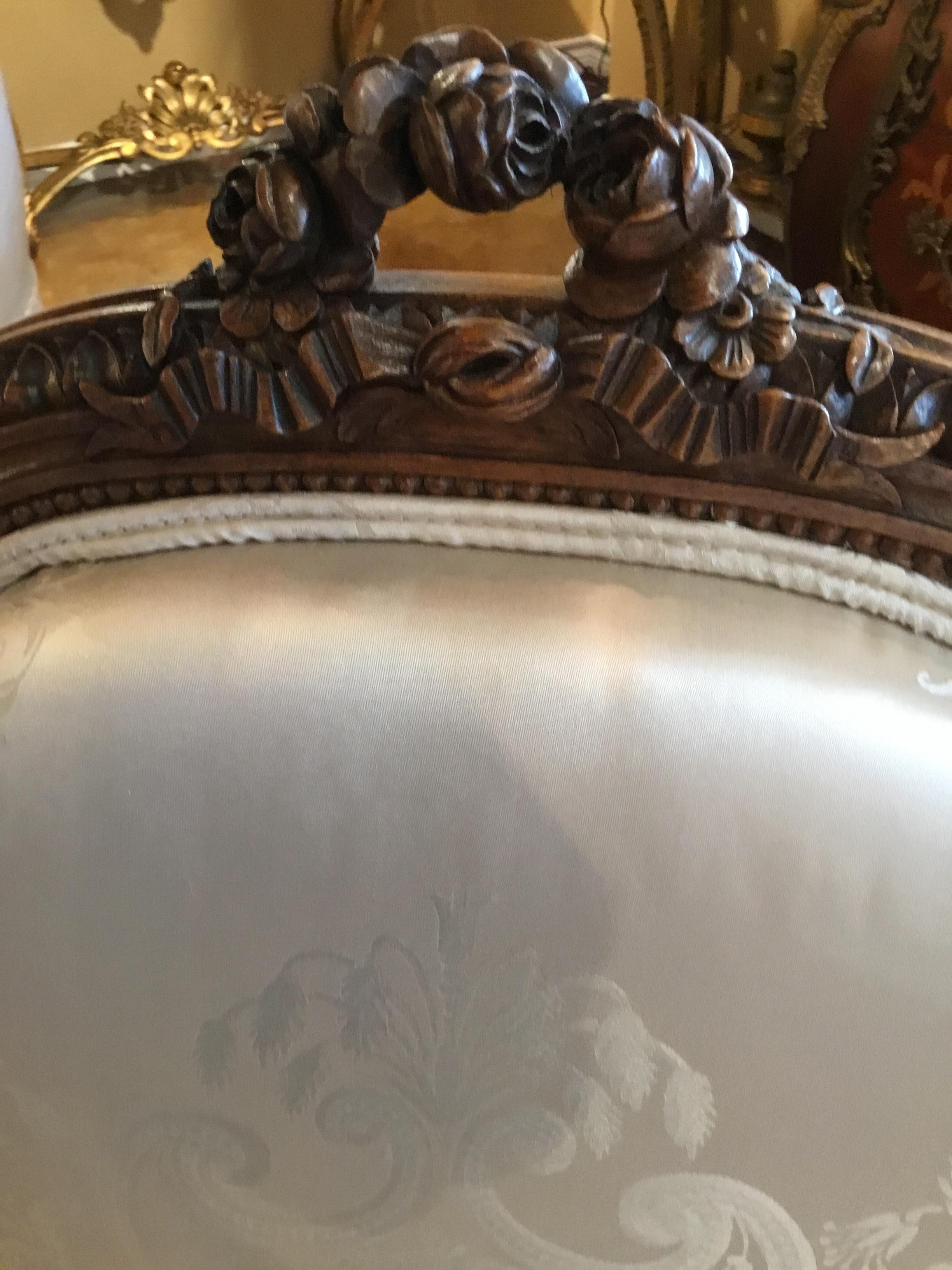 Walnut Pair of French Louis XVI Style Side Chairs with White Silk Upholstery For Sale